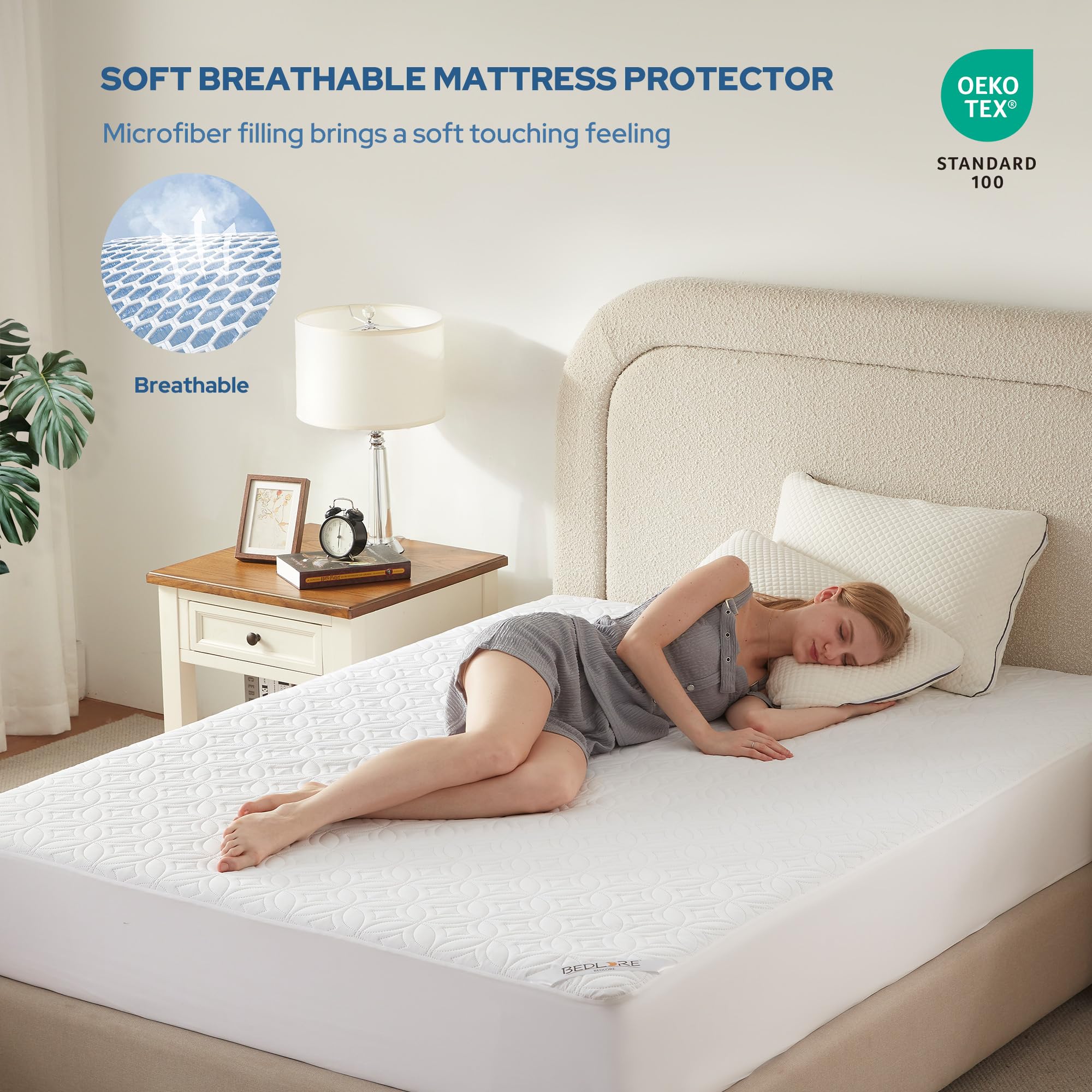BEDLORE protector colocado en cama queen mostrando comodidad y silencio al dormir