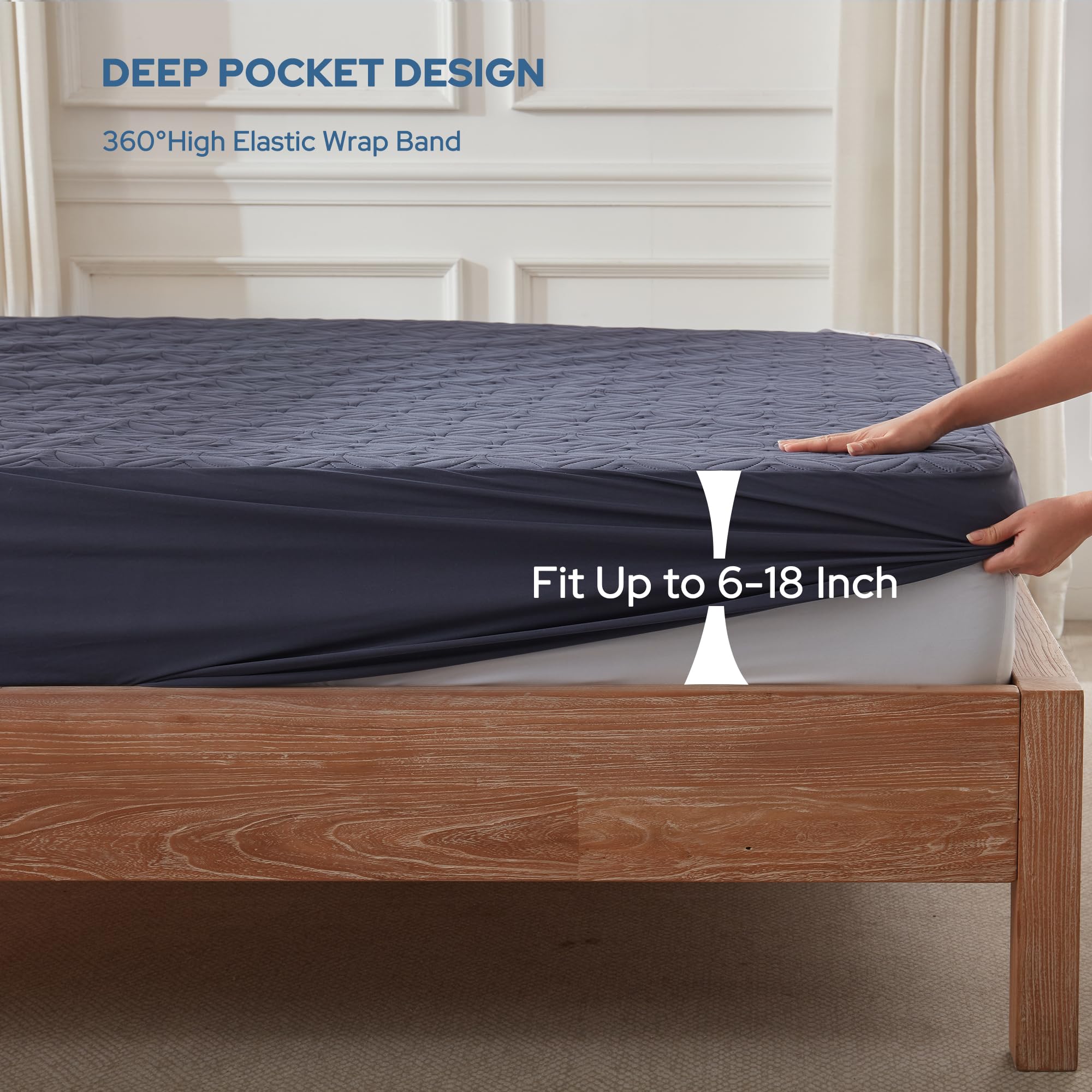 BEDLORE side profile on mattress illustrating secure 6"–18" depth coverage