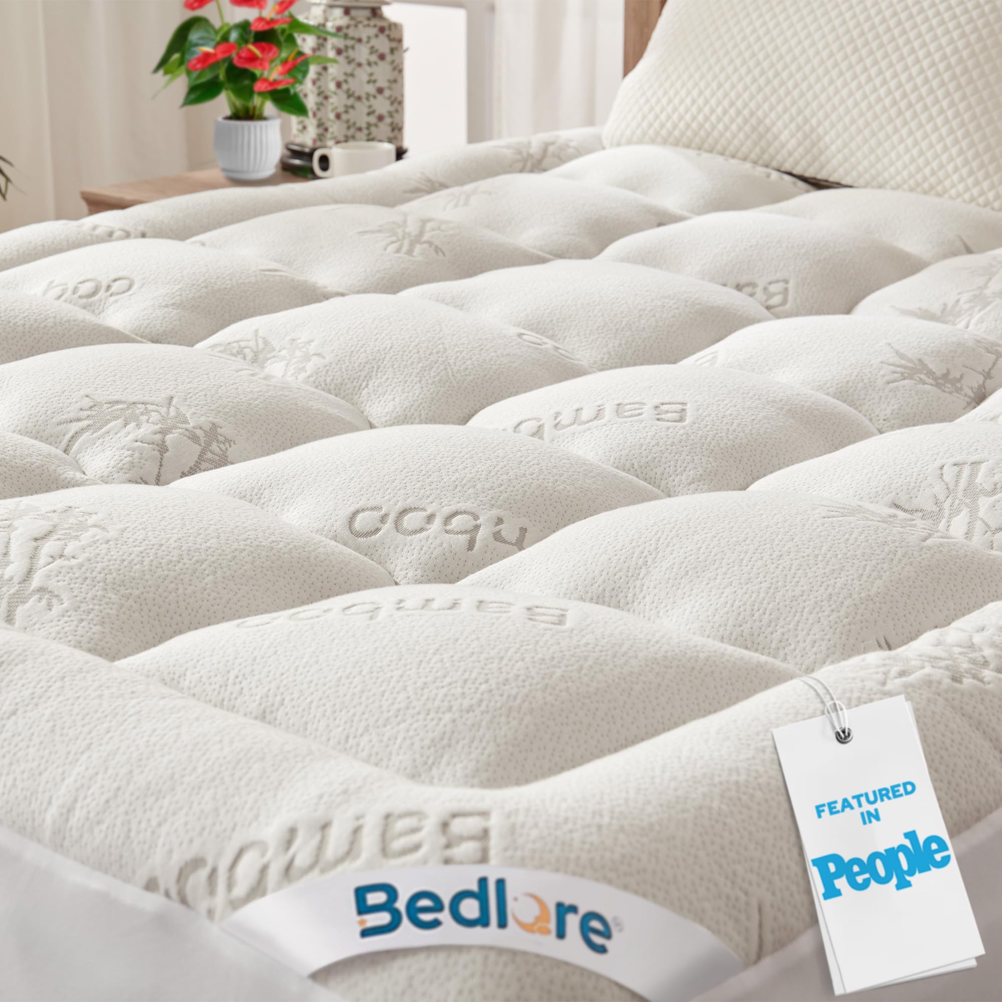 BEDLORE vista frontal del topper con empaque que muestra confort inmediato