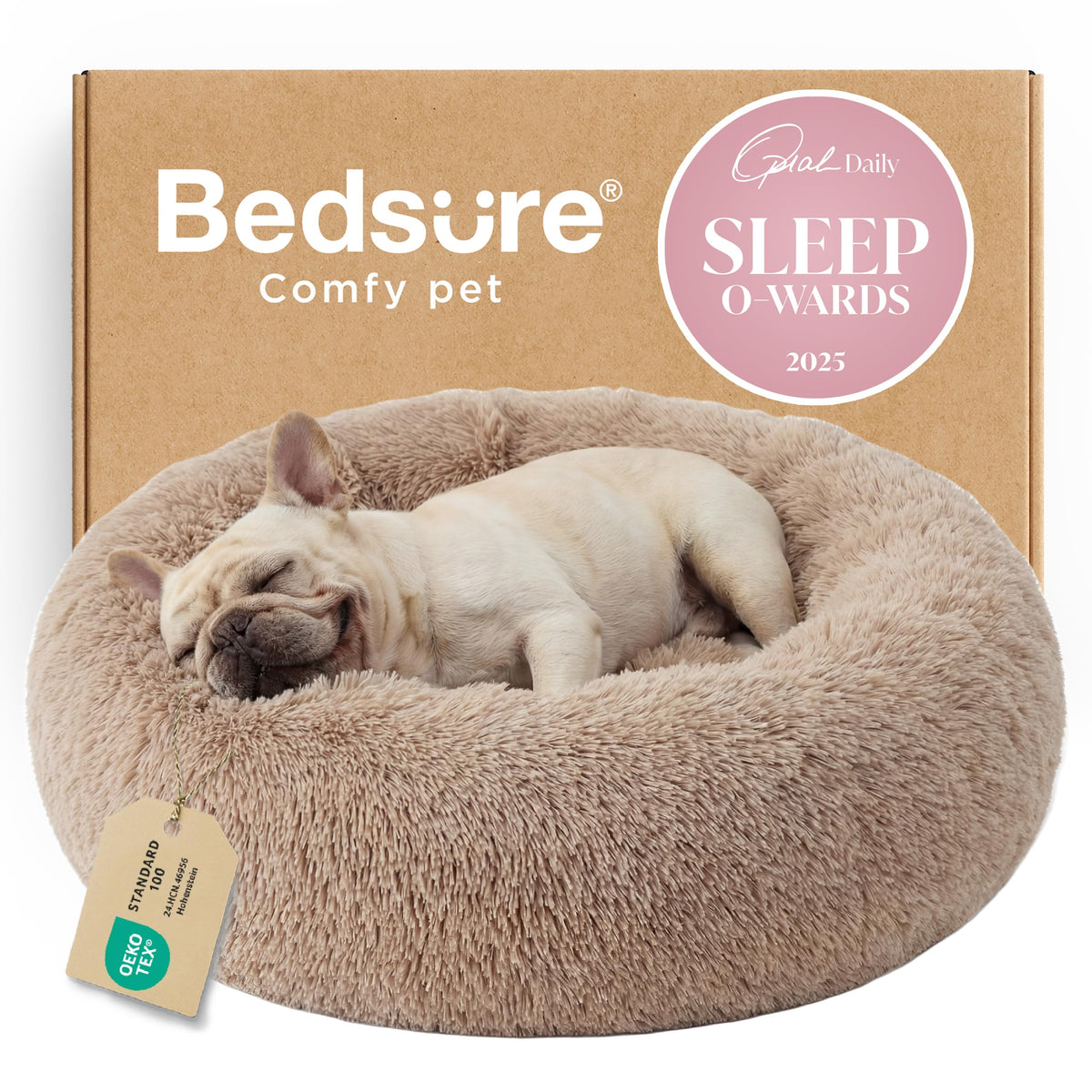 Bedsure cama donut frontal color camel mostrando forma acogedora y soporte