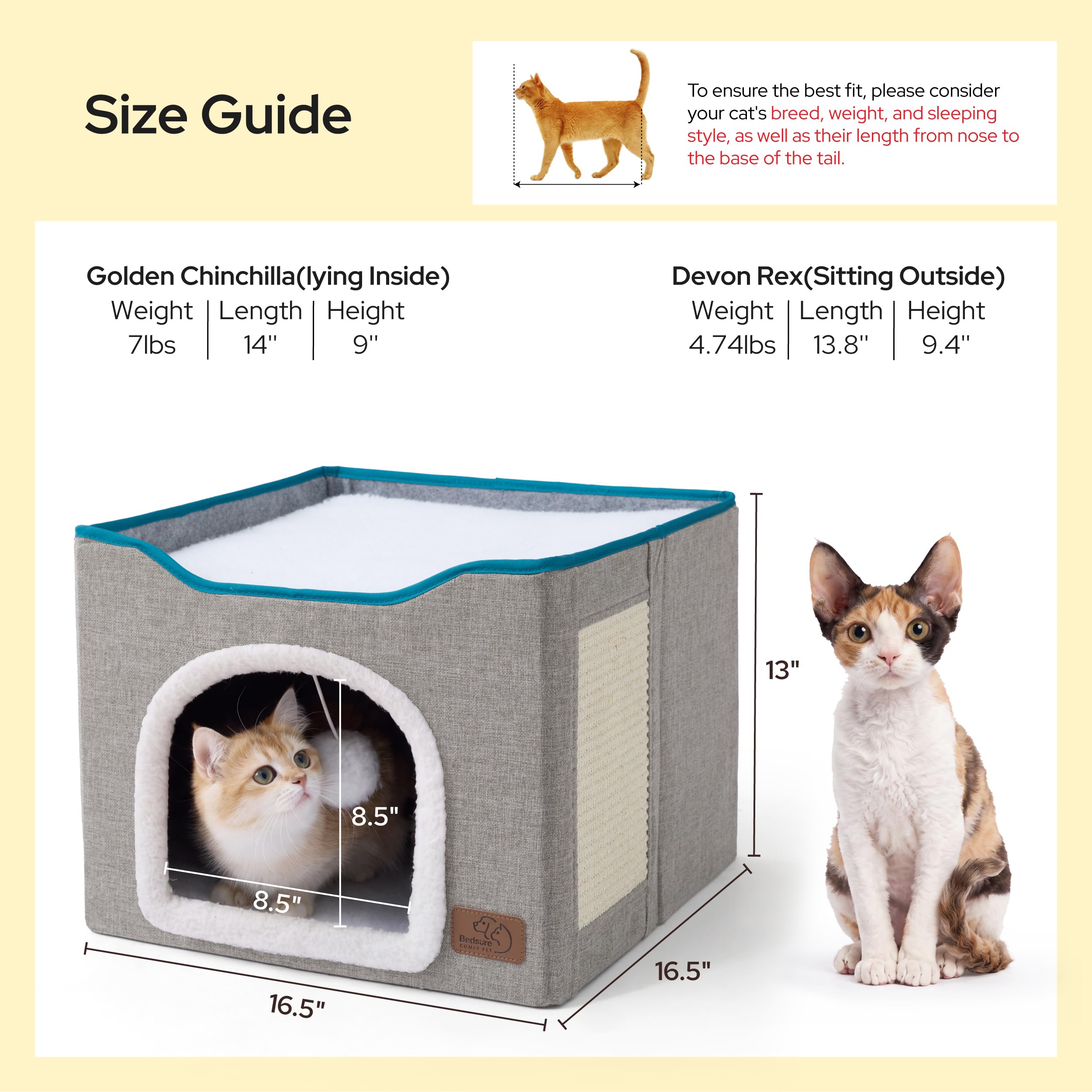 Bedsure comparación de tamaño con objeto cotidiano, muestra escala para gatos