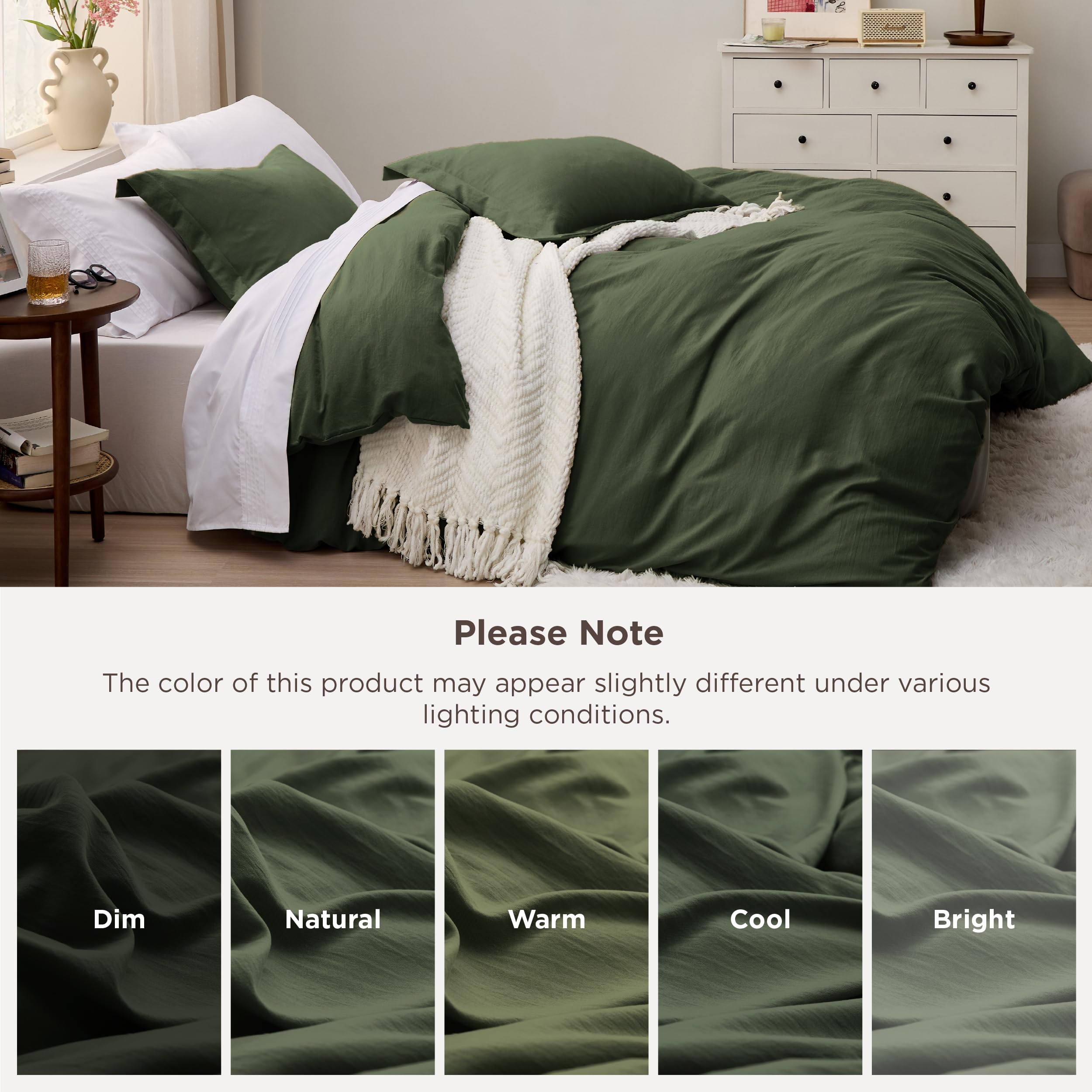 Bedsure ambiente dormitorio con funda oliva, mejora la decoración