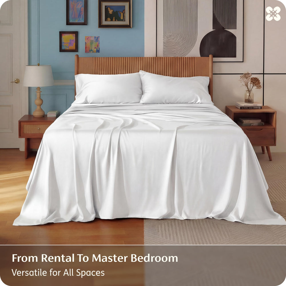 Bedsure sábana encimera doblada mostrando tamaño y caída elegante sobre cama