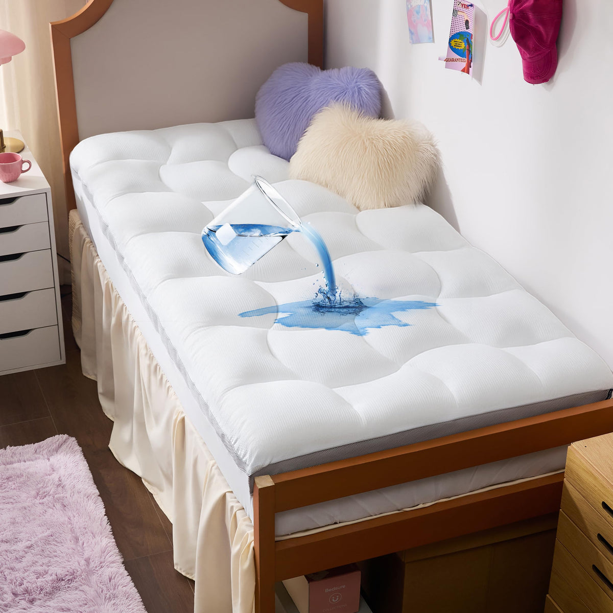 Bedsure vista frontal del topper Twin XL empacado, protección y confort inmediato