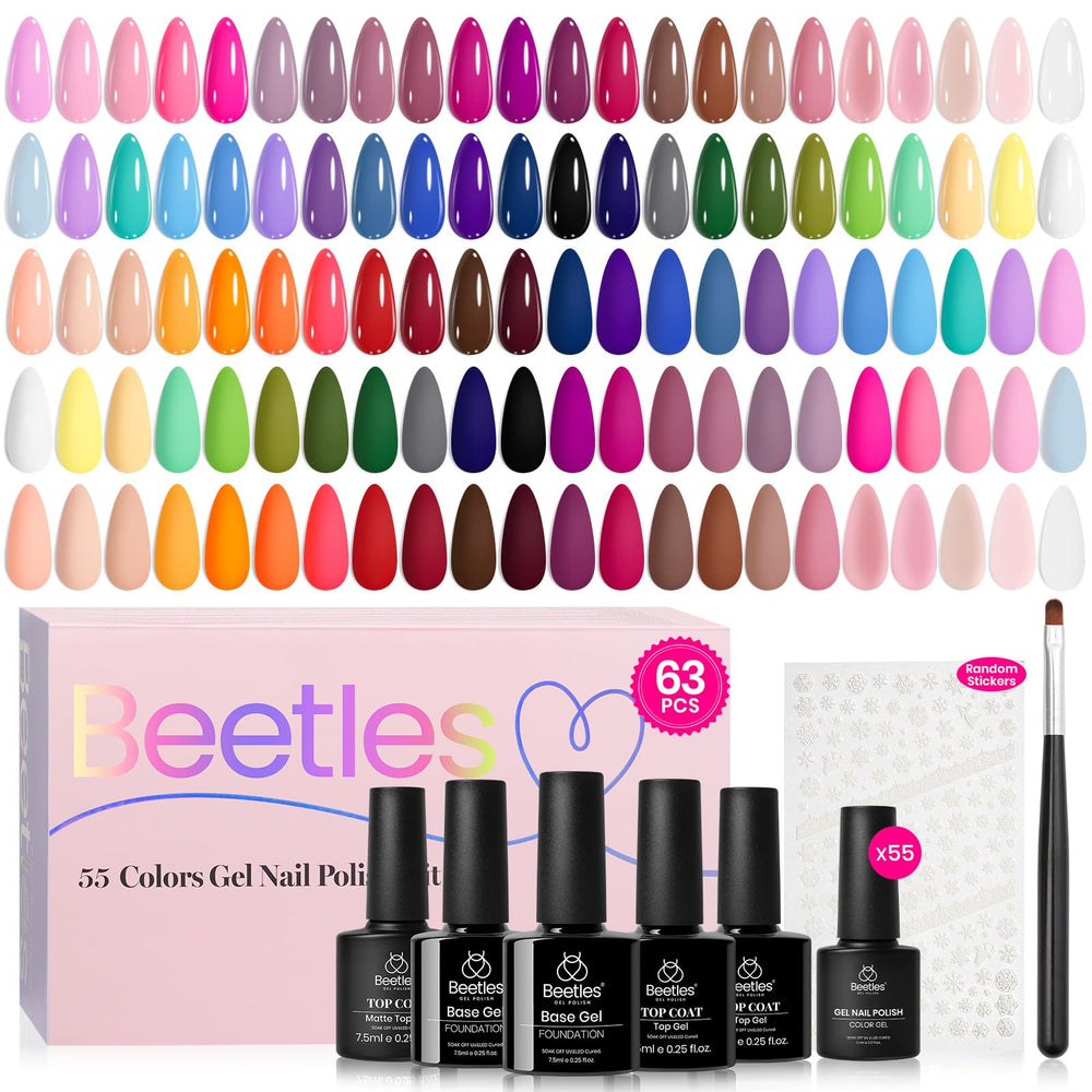 Beetles gel polish vista frontal del set completo y variedad de colores