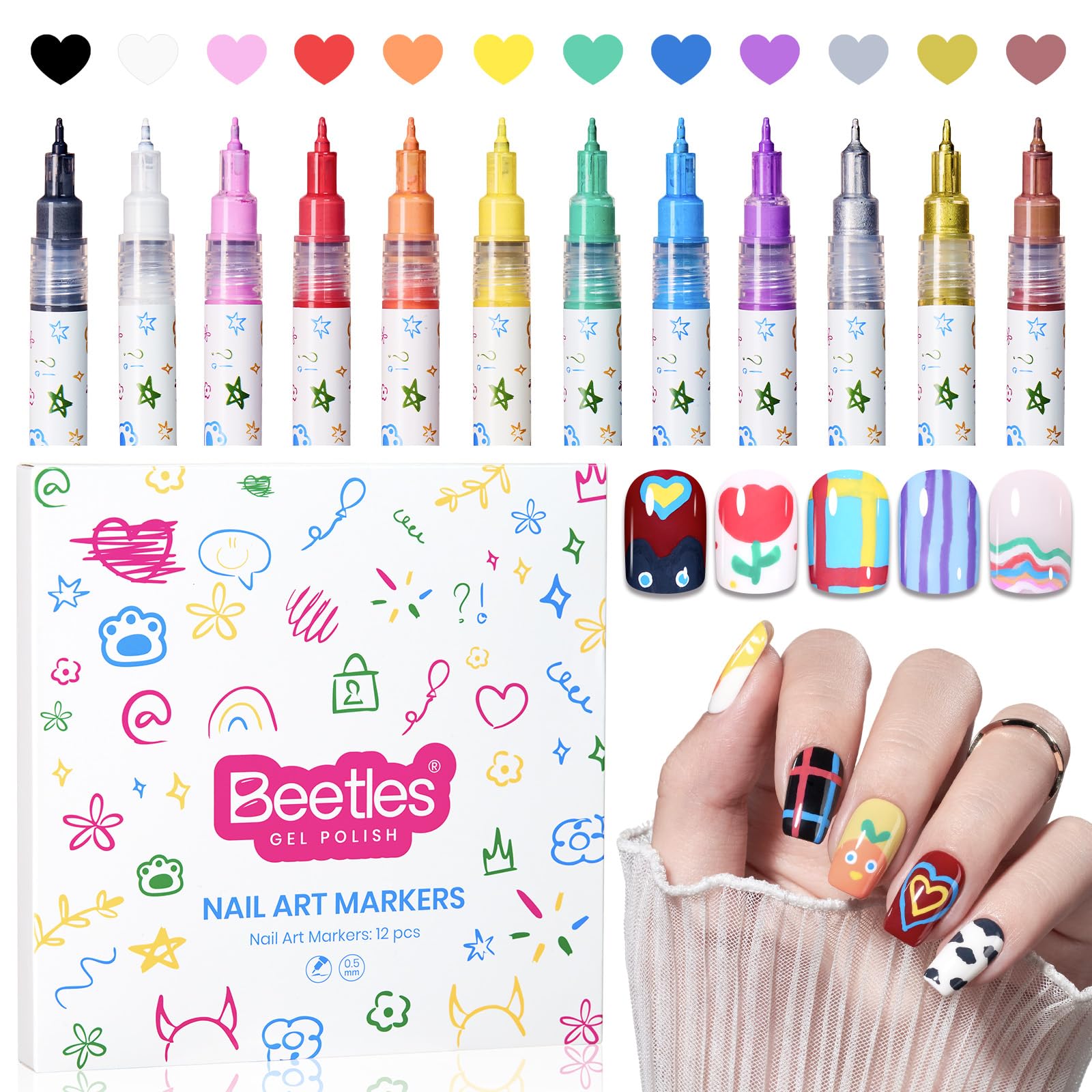Beetles Gel Polish frontal del estuche con 12 colores, organización práctica