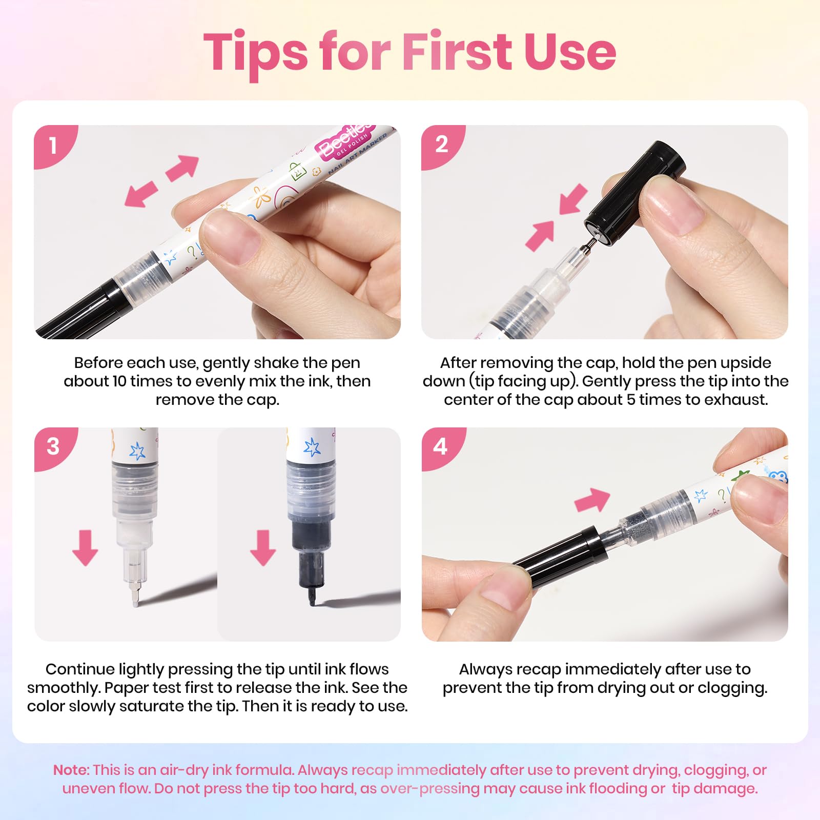 Beetles Gel Polish etiqueta con instrucciones, información de uso clara