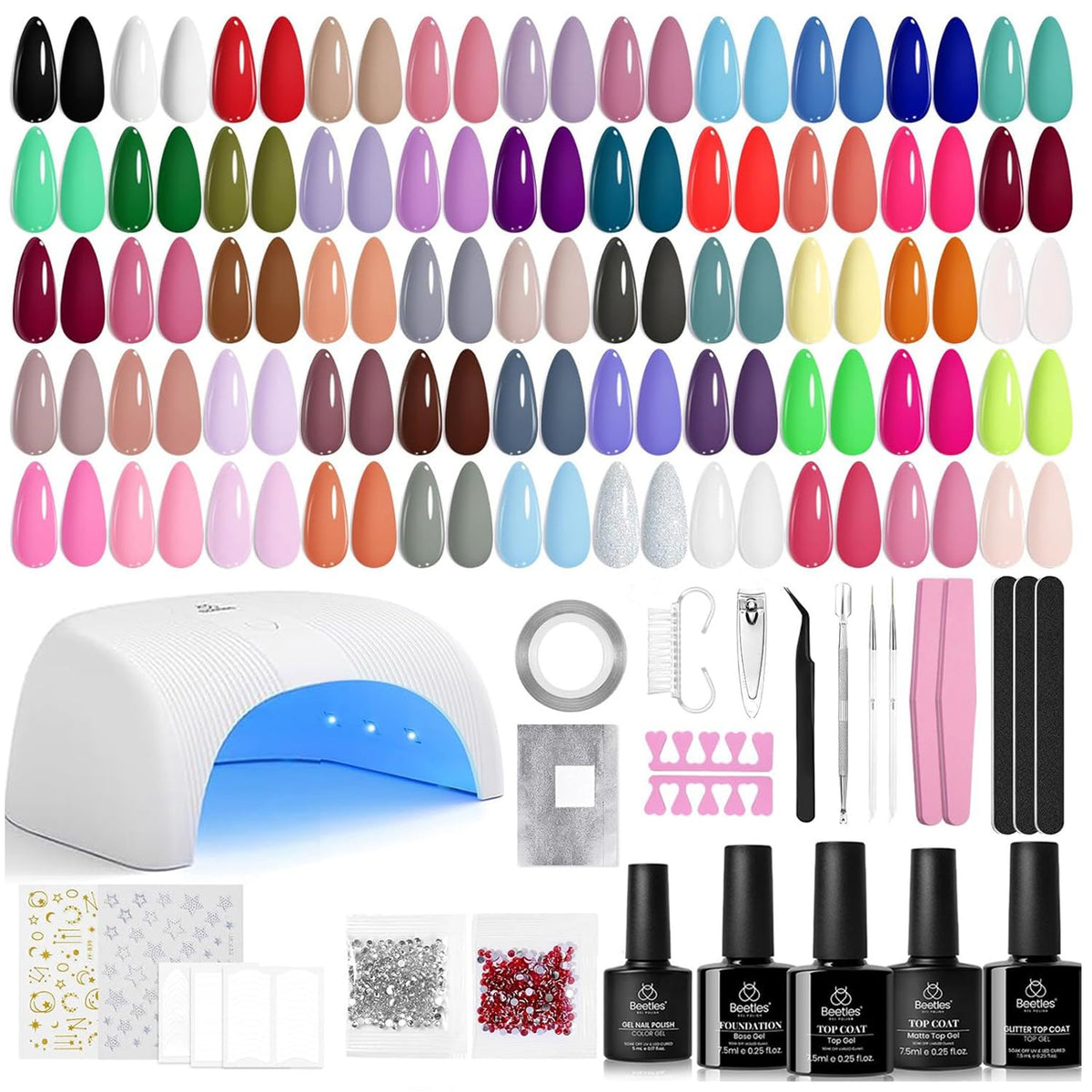 Beetles kit frontal abierto mostrando 55 colores y lámpara, ideal para manicuras completas