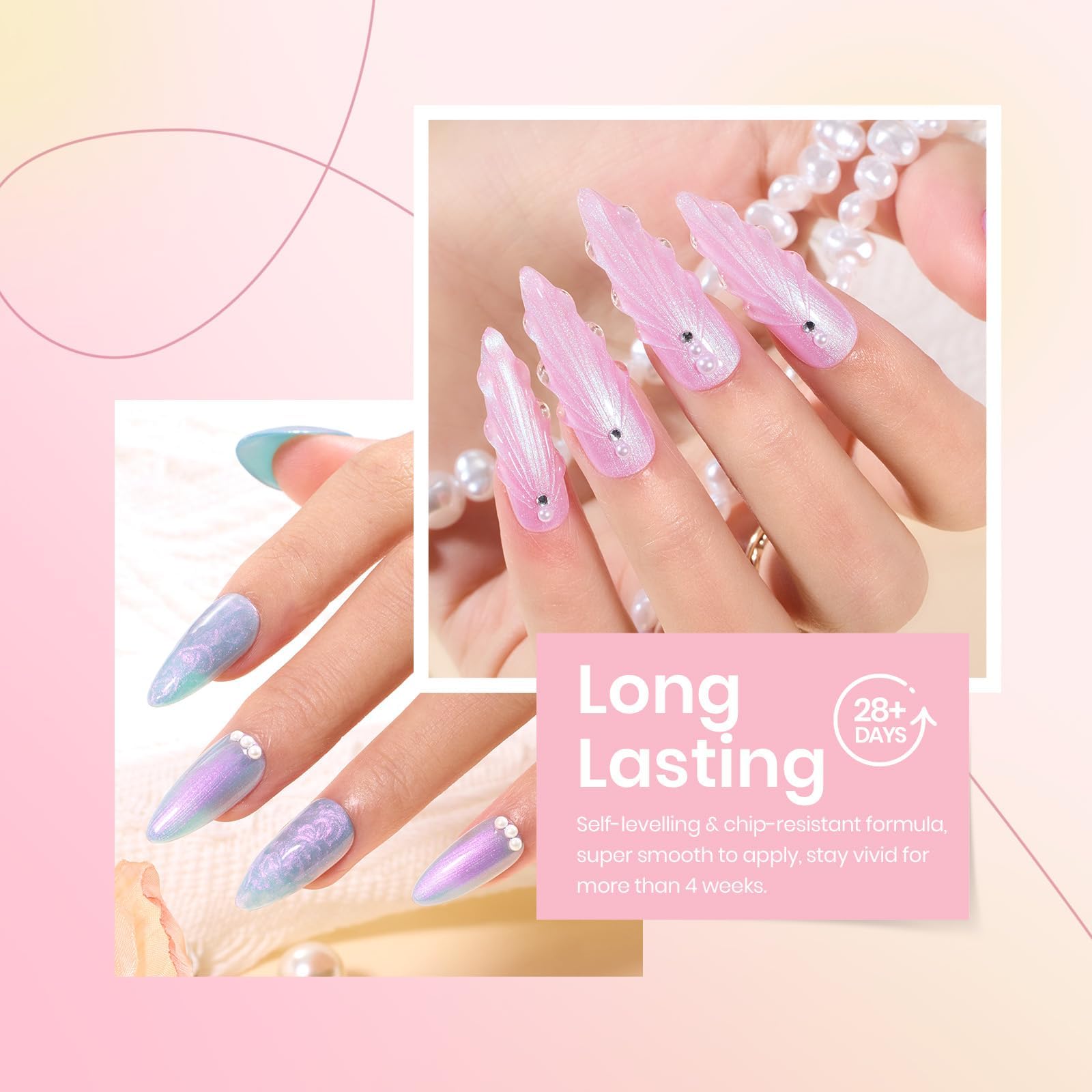 Beetles mano con manicura lavanda degradada mostrando mezcla suave