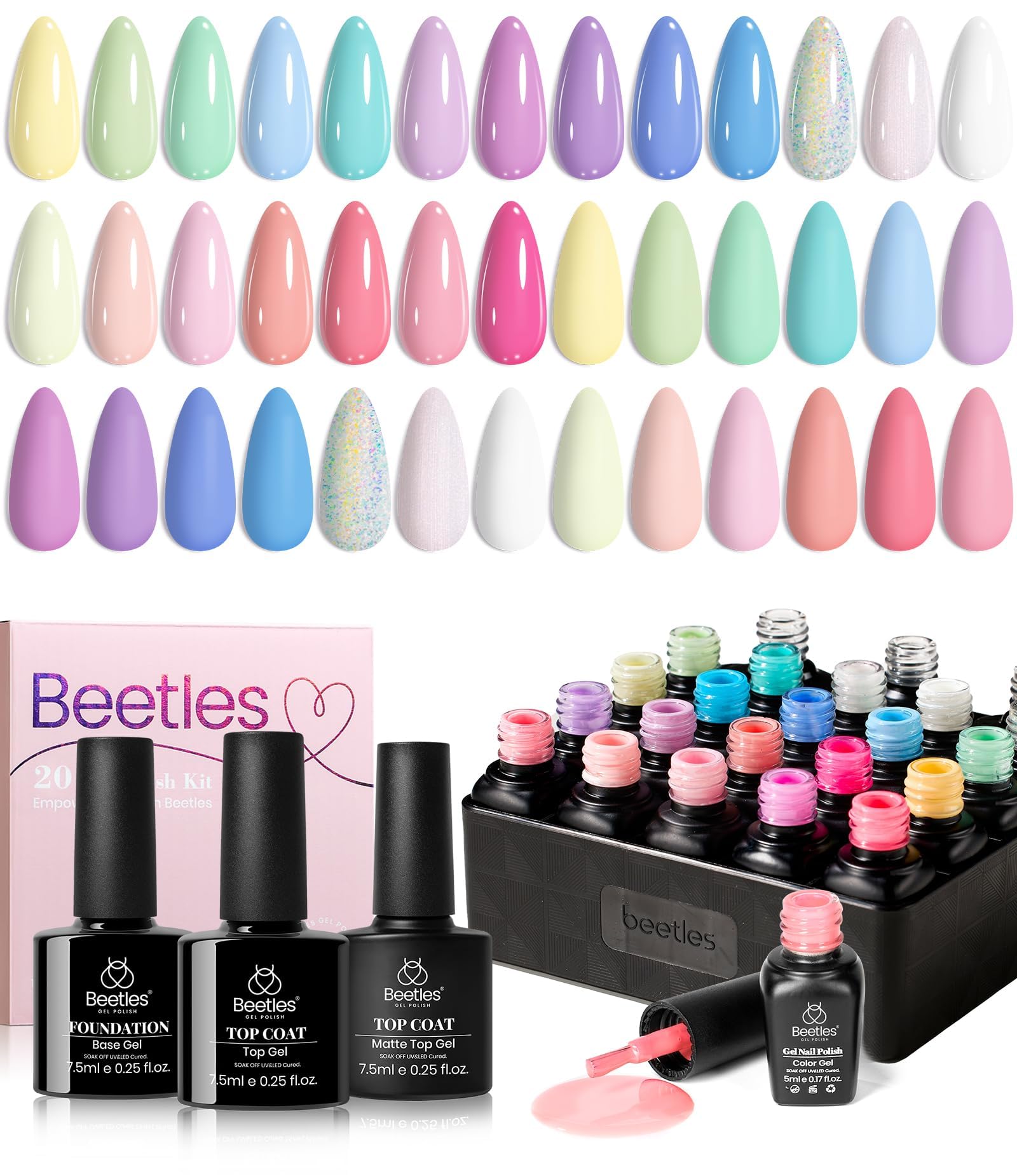 Beetles gel pastel set frontal mostrando variedad de colores y base