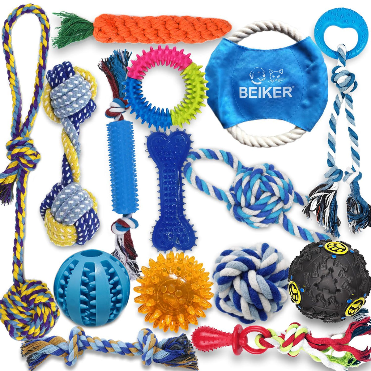 Beiker pack frontal con 15 juguetes para cachorros, variedad para dentición y juego
