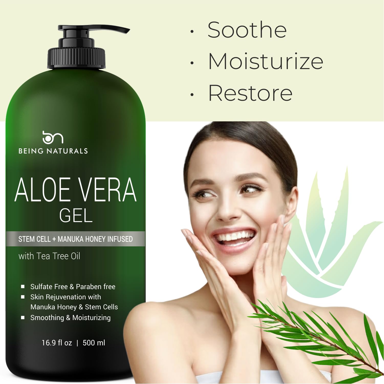 Etiqueta de Being Naturals con lista de ingredientes destacando aloe orgánico y miel de Manuka