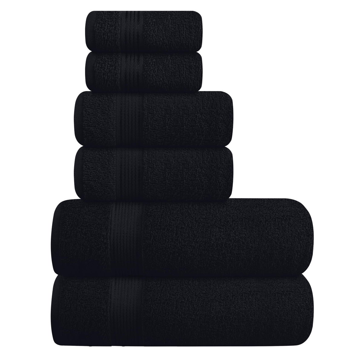 Belizzi Home front view of 6-pack black towels showing set and packaging, neat storage benefit