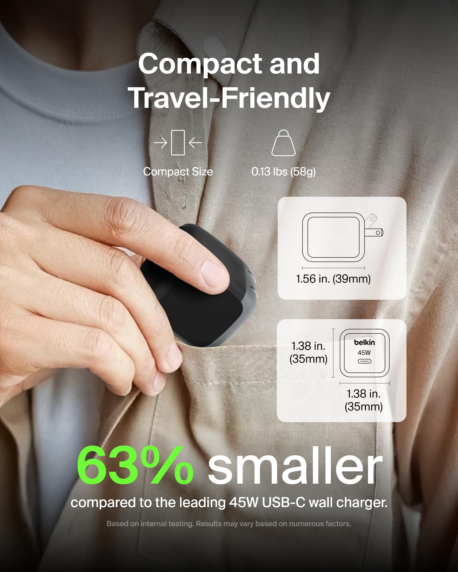 Belkin adaptador plegable en mano que facilita llevarlo en viajes