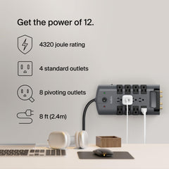 Belkin detalle de salidas giratorias que permiten enchufes grandes sin bloqueo