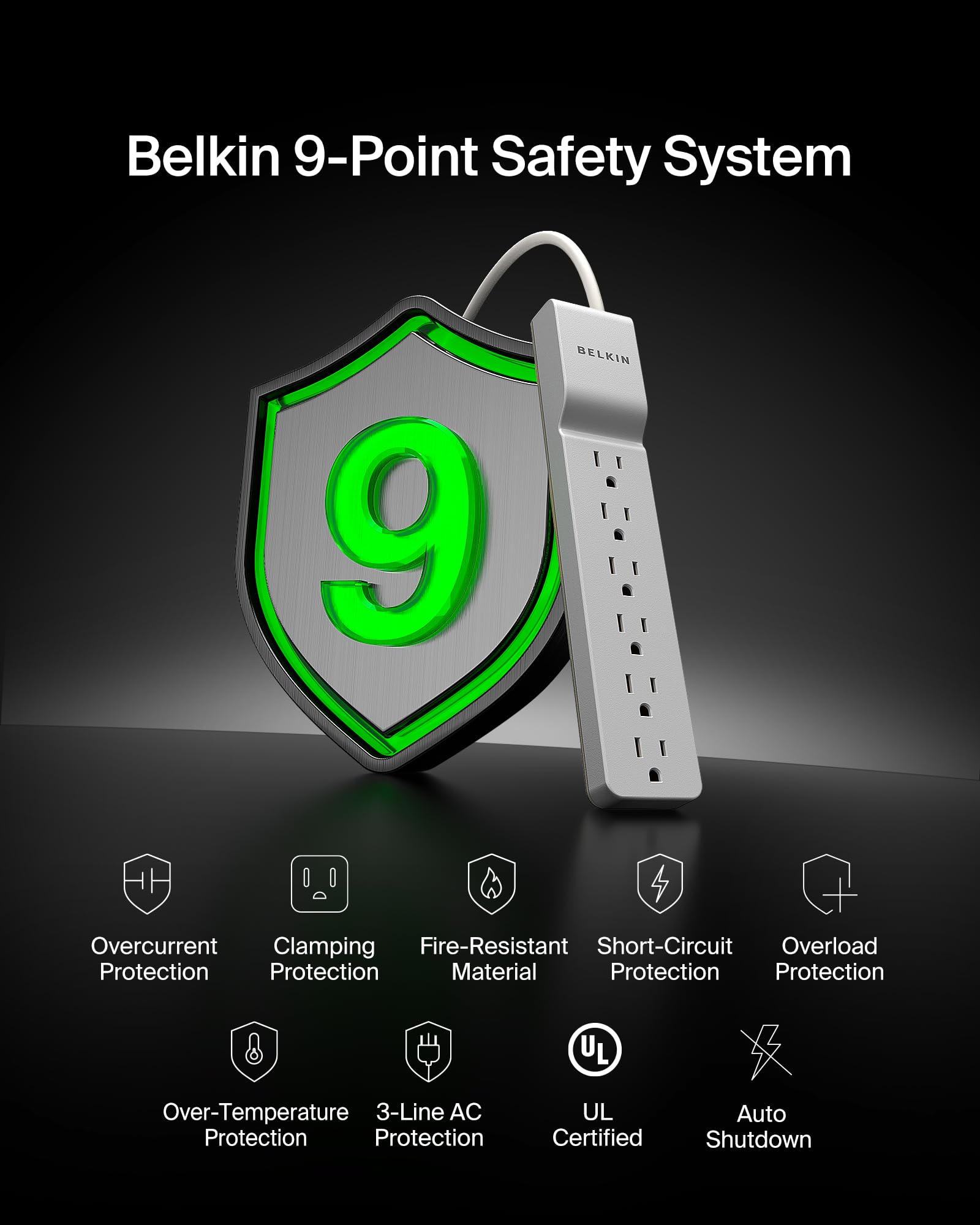 Belkin regleta en uso sobre un escritorio ofreciendo carga ordenada y segura