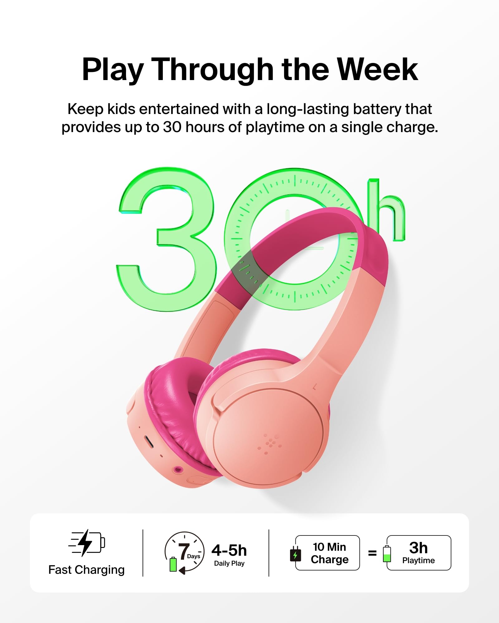 Belkin SoundForm Mini headband next to ruler showing kid-sized scale