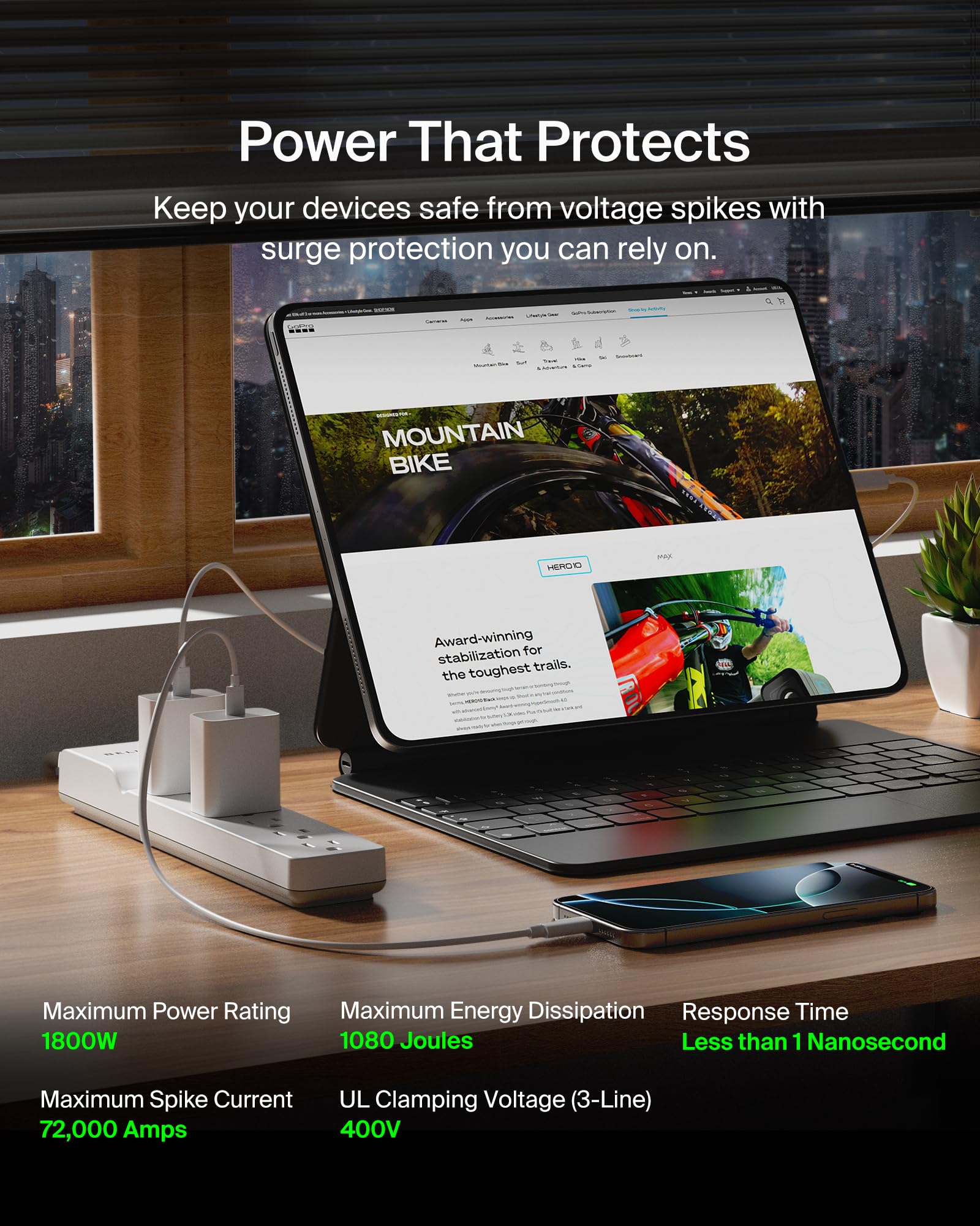 Belkin detalle de tomas espaciadas que aceptan adaptadores grandes sin bloqueos