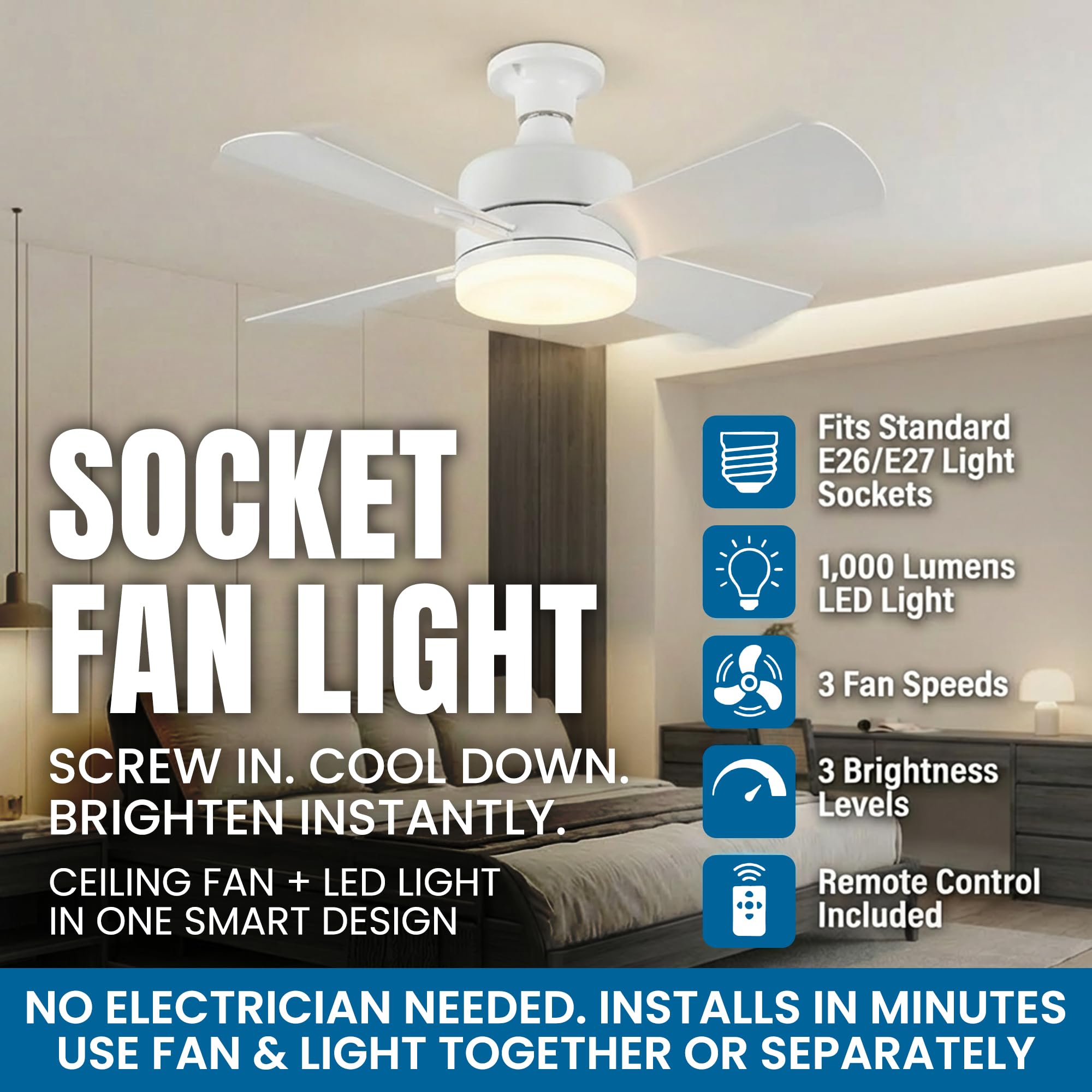 Bell+Howell Socket Breeze primer plano de las aspas que ilustra funcionamiento silencioso