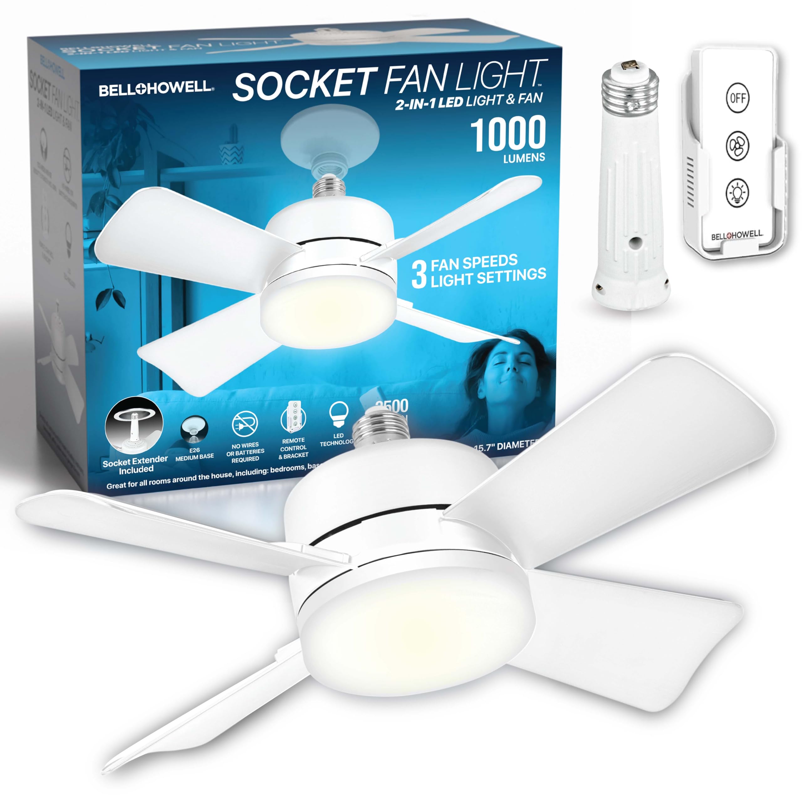 Bell+Howell Socket Breeze vista frontal mostrando diseño compacto y ahorro de espacio