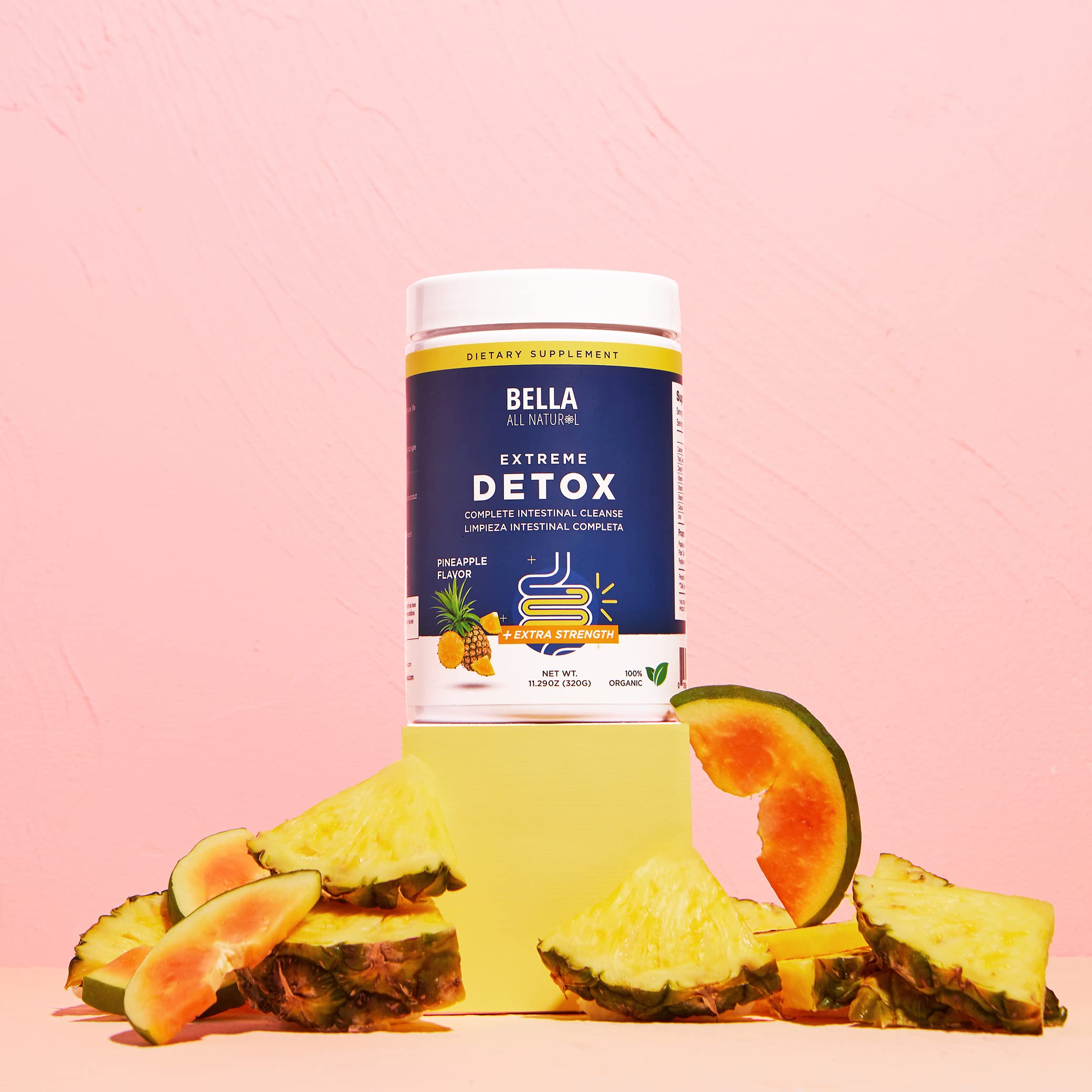 Bella All Natural comparación de tamaño del envase, formato portátil para llevar