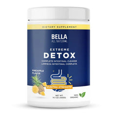 Bella All Natural envase frontal del polvo detox piña, presentación clara y atractiva