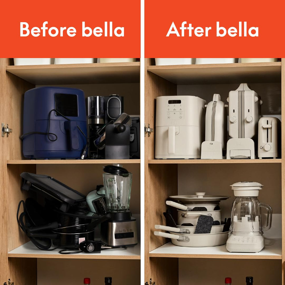 bella al lado de tazas para comparar tamaño y facilidad de almacenamiento
