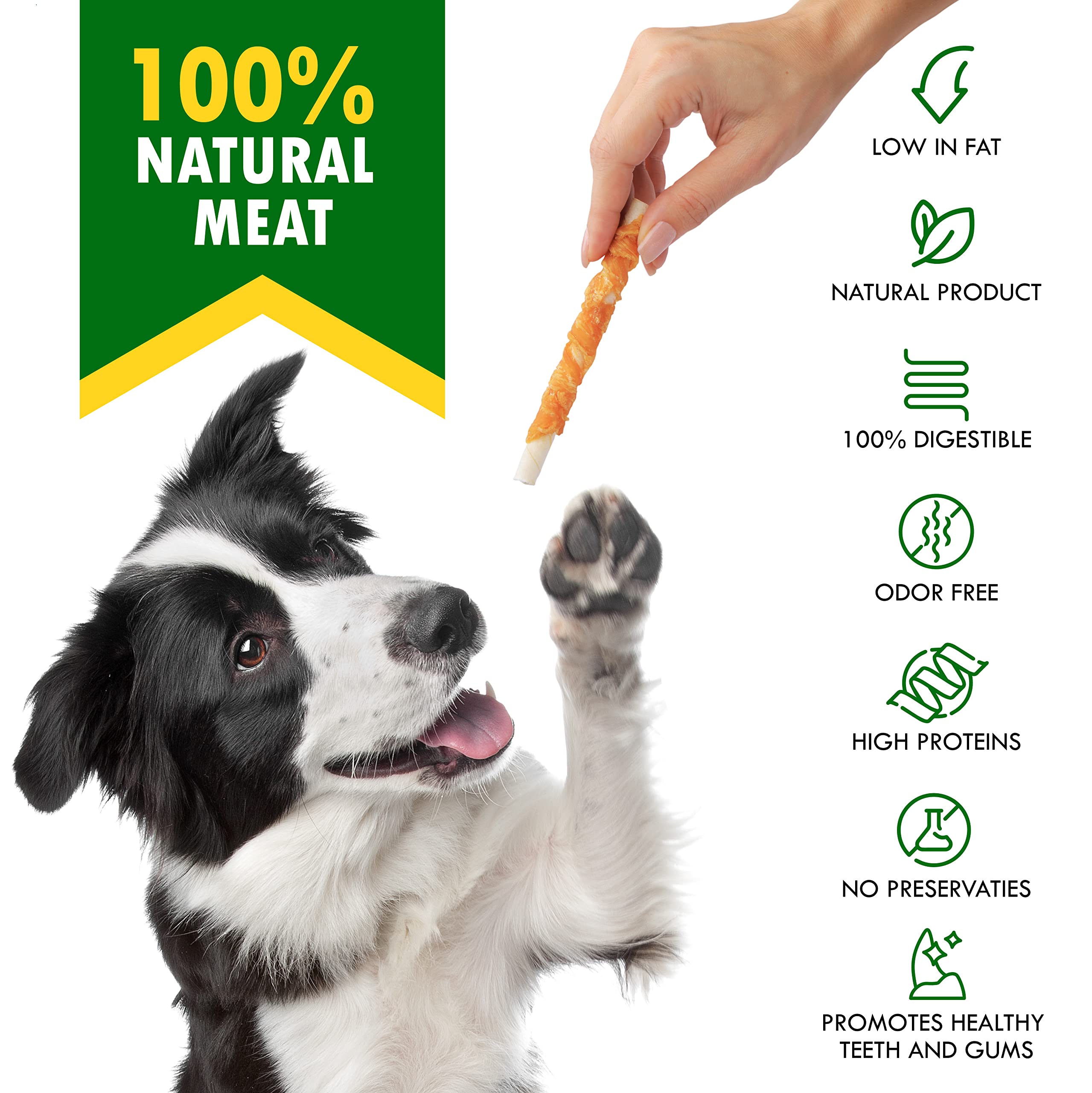 Beloved Pets detalle de la tira de pollo deshidratado envuelta, alto contenido proteico y sabor real