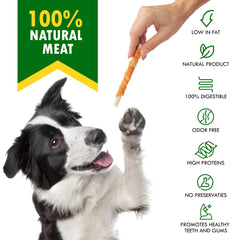 Beloved Pets detalle de la tira de pollo deshidratado envuelta, alto contenido proteico y sabor real