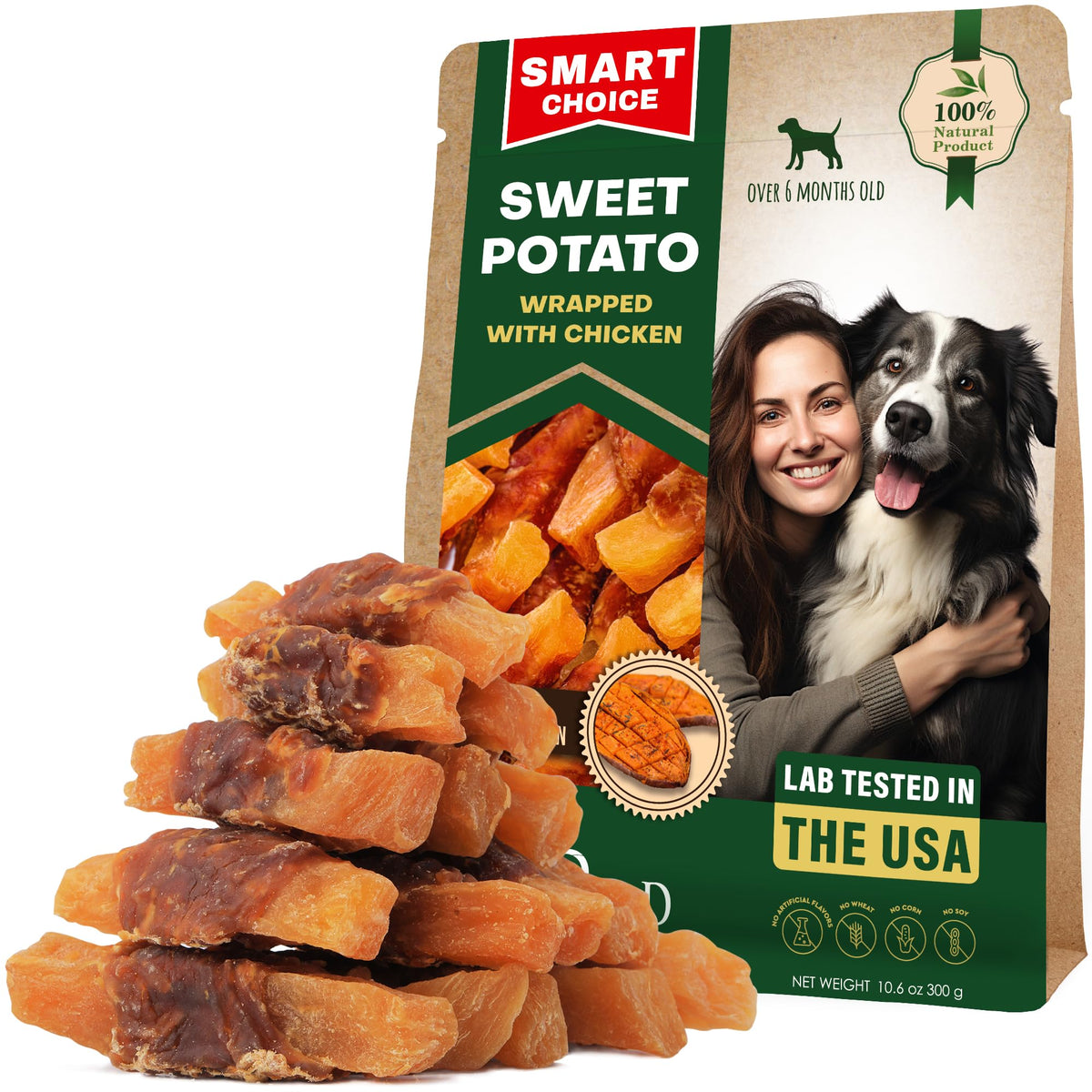Beloved Pets empaque frontal de golosinas batata y pollo mostrando beneficios claros