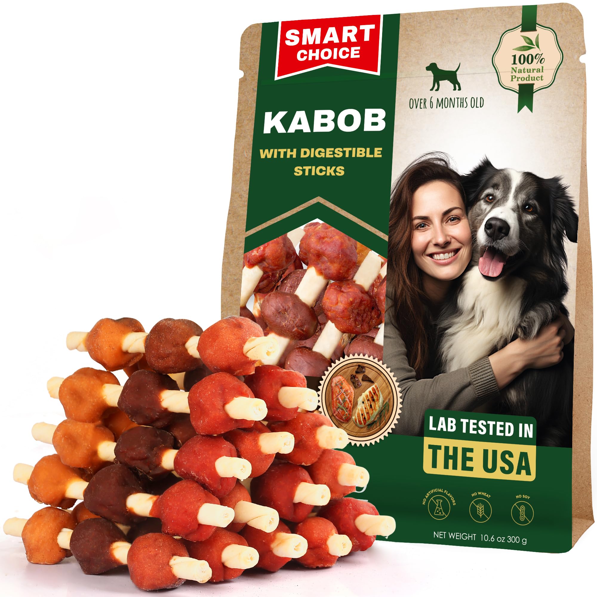 Beloved Pets empaque frontal con kabobs duraderos y lista corta de ingredientes