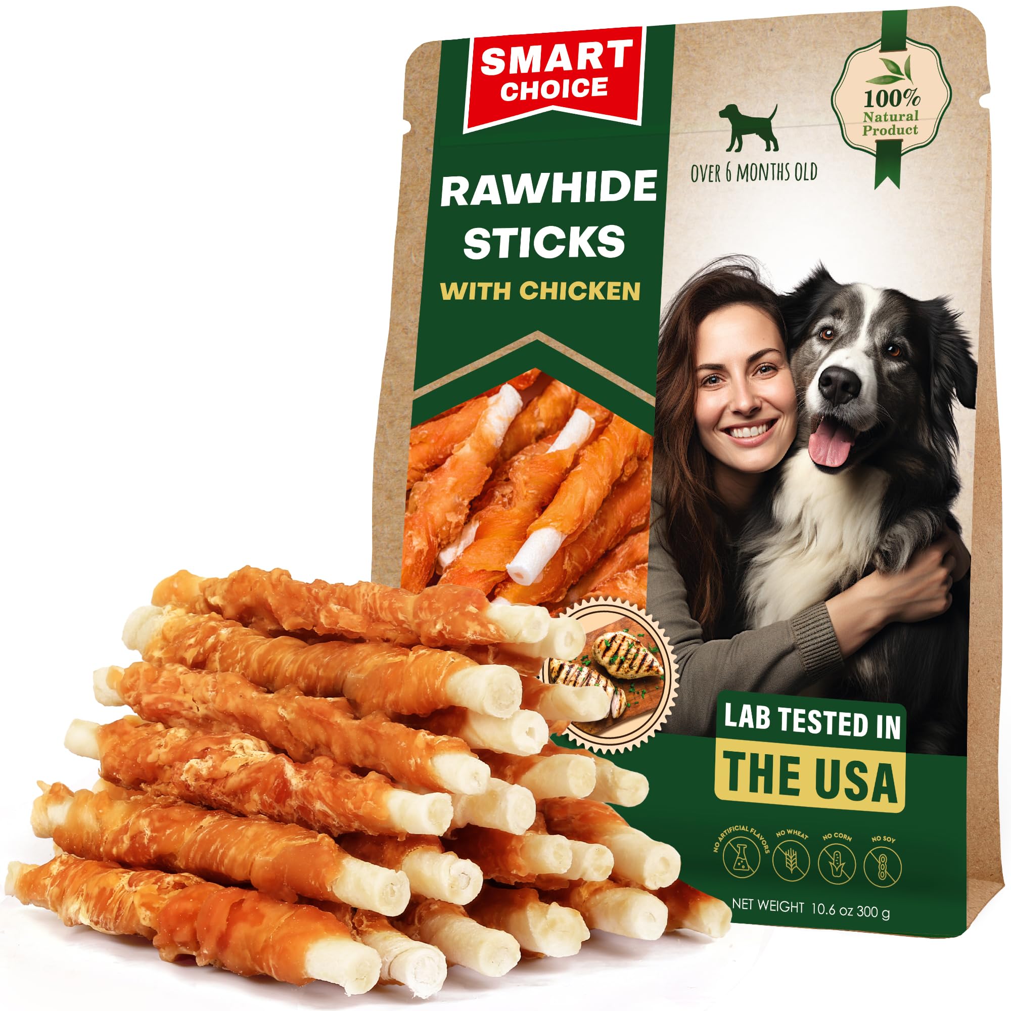 Beloved Pets paquete frontal mostrando palitos crudos envueltos en pollo, atractivos para perros