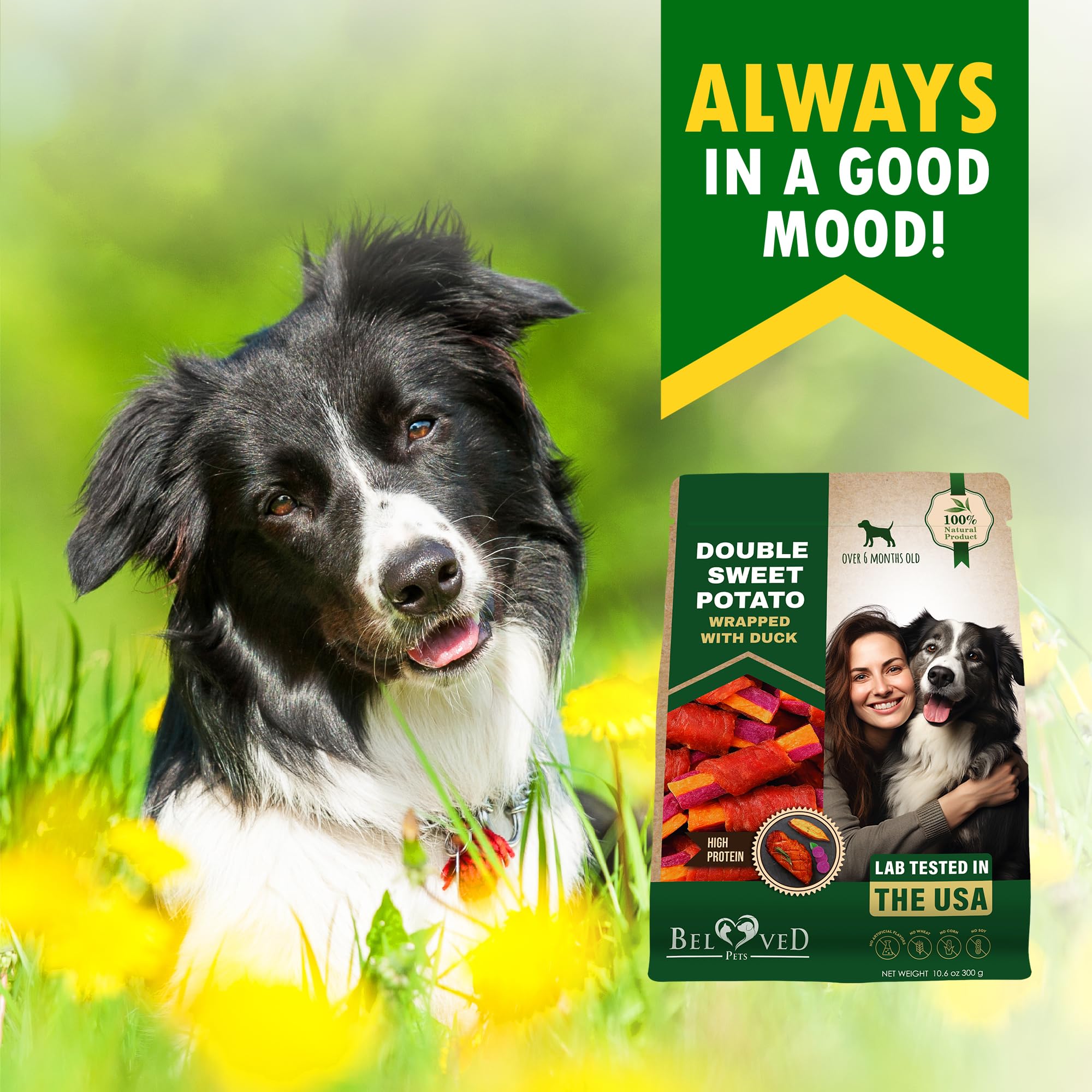 Beloved Pets presentación sobre mesa con varios snacks, idea de porciones y variación
