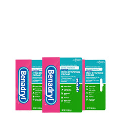 Benadryl frontal del empaque mostrando los tres tubos y alivio rápido