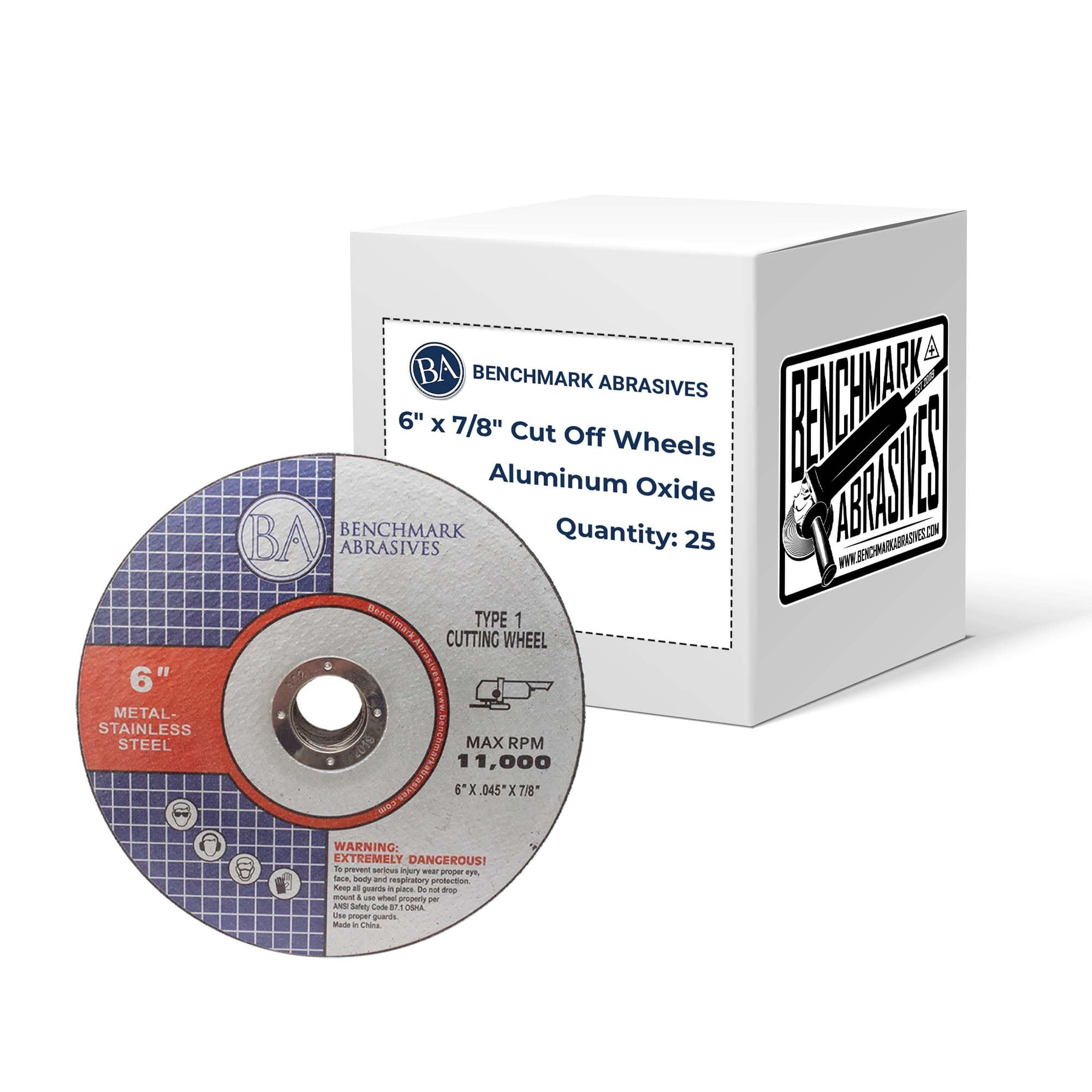 Benchmark Abrasives frontal del empaque mostrando 25 ruedas y ventajas de cantidad