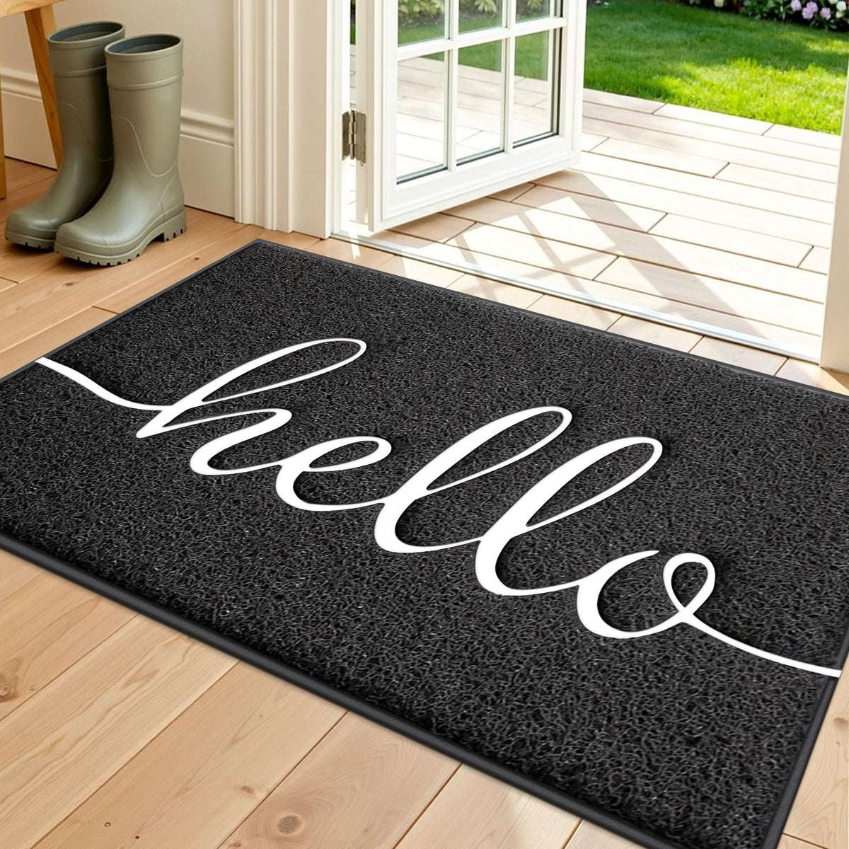 BeneathYourFeet felpudo frontal en entrada mostrando diseño hello y bienvenida
