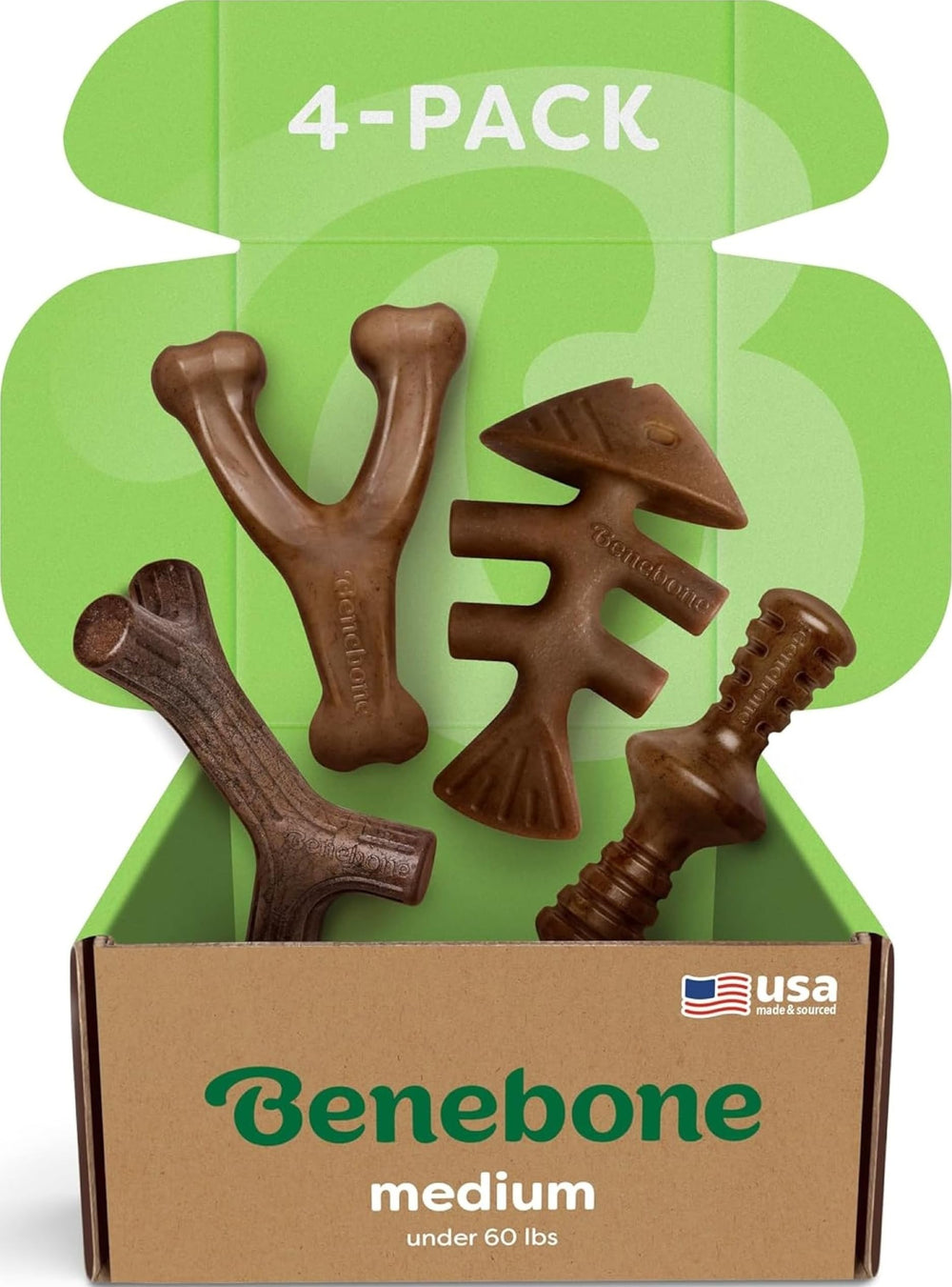 Benebone frente del embalaje mostrando cuatro huesos, resistencia y valor