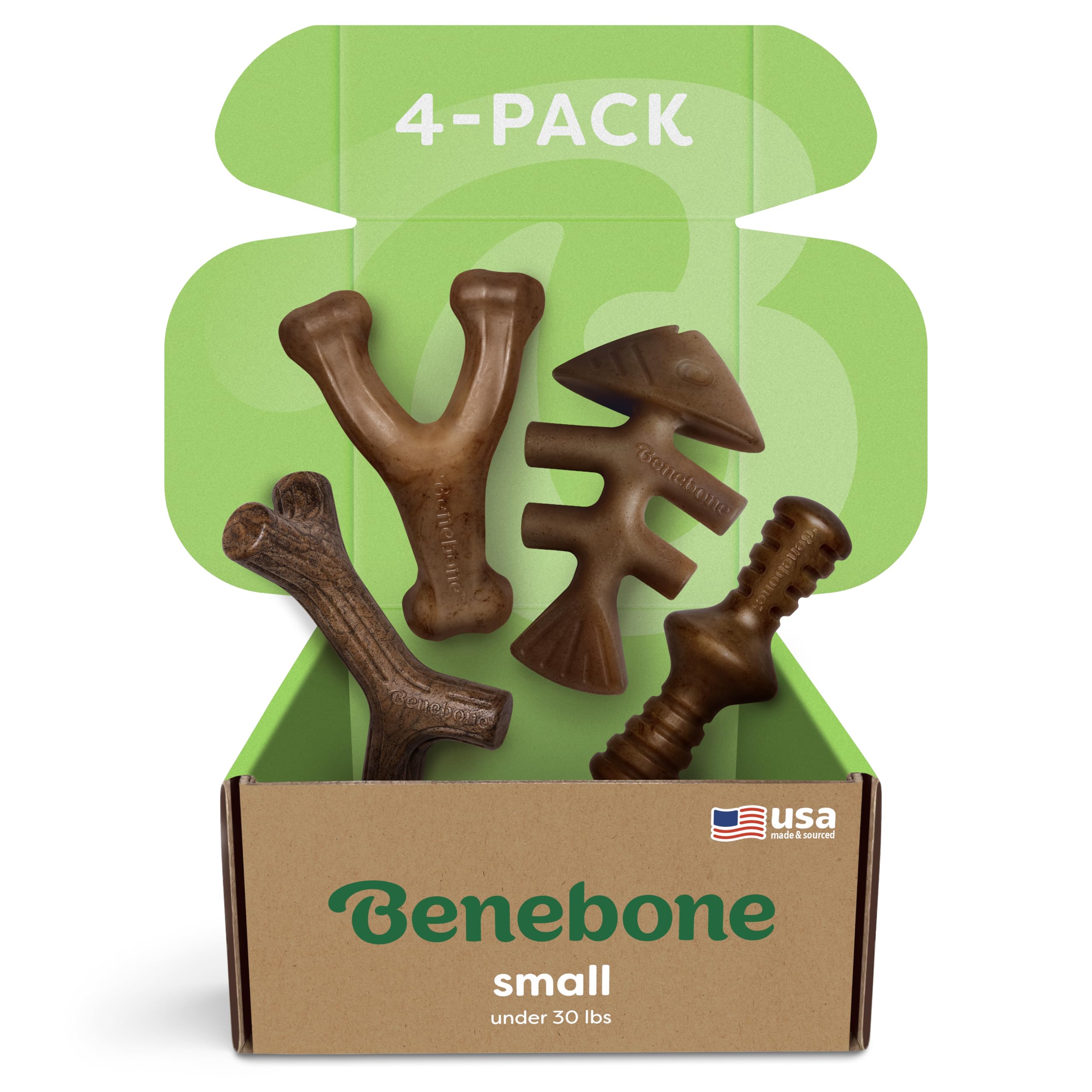 Benebone caja frontal mostrando cuatro mordedores duraderos para rotación
