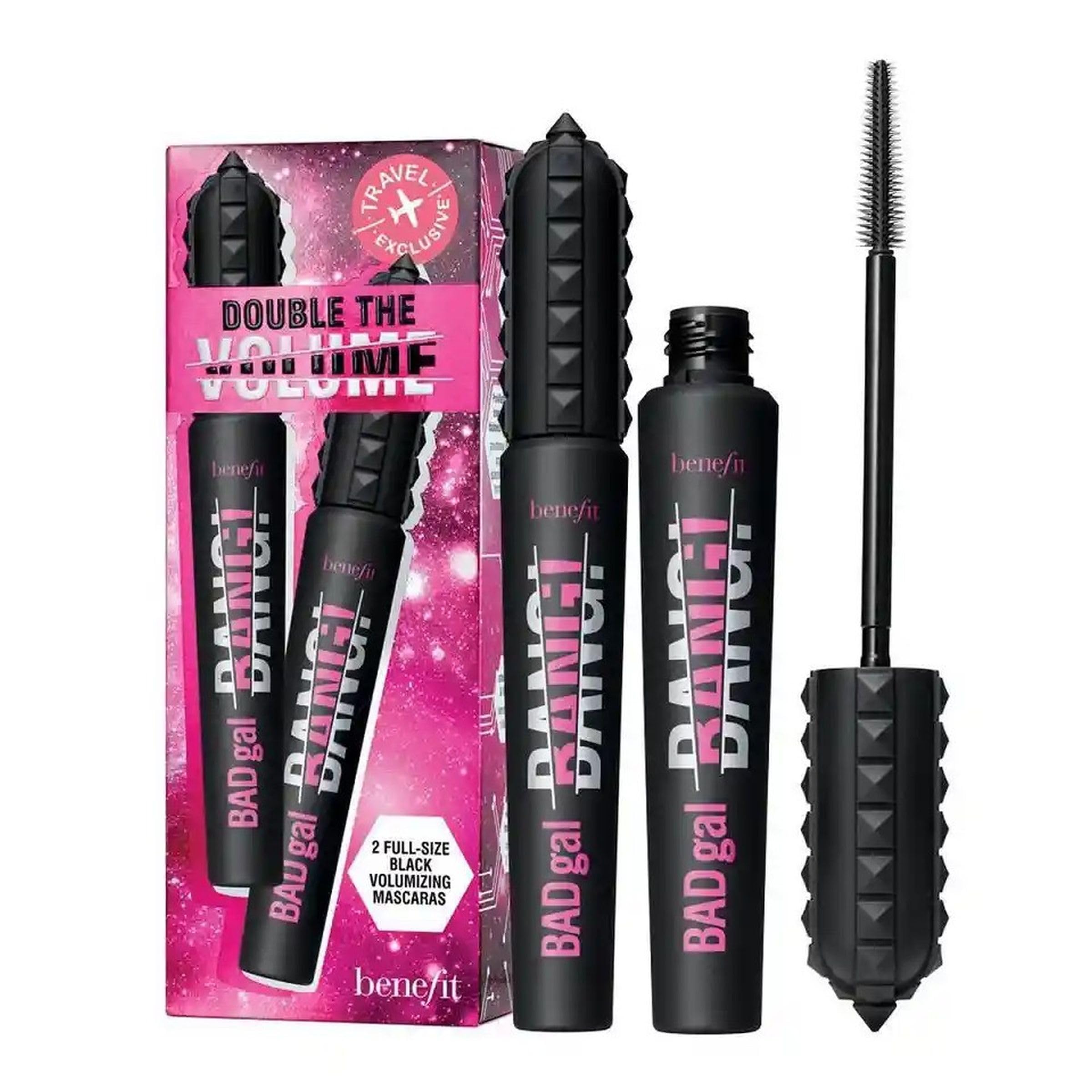 Benefit Badgal Bang frontal del envase mostrando doble tubo y volumen visible