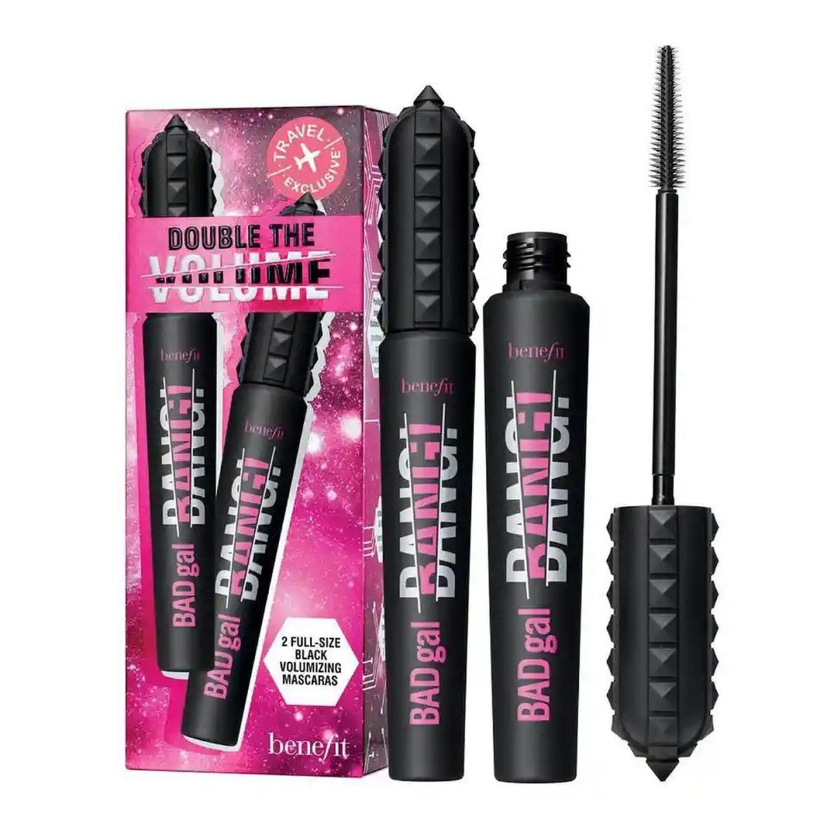 Benefit Badgal Bang frontal del envase mostrando doble tubo y volumen visible