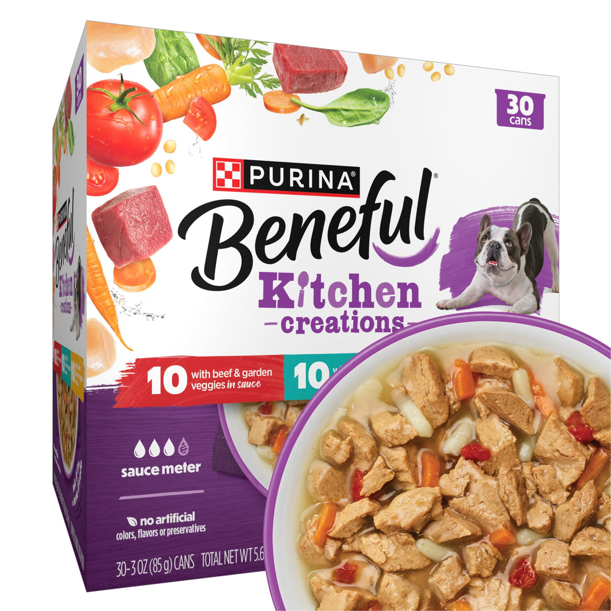 Beneful pack 30 latas frente mostrando variedad y conveniencia