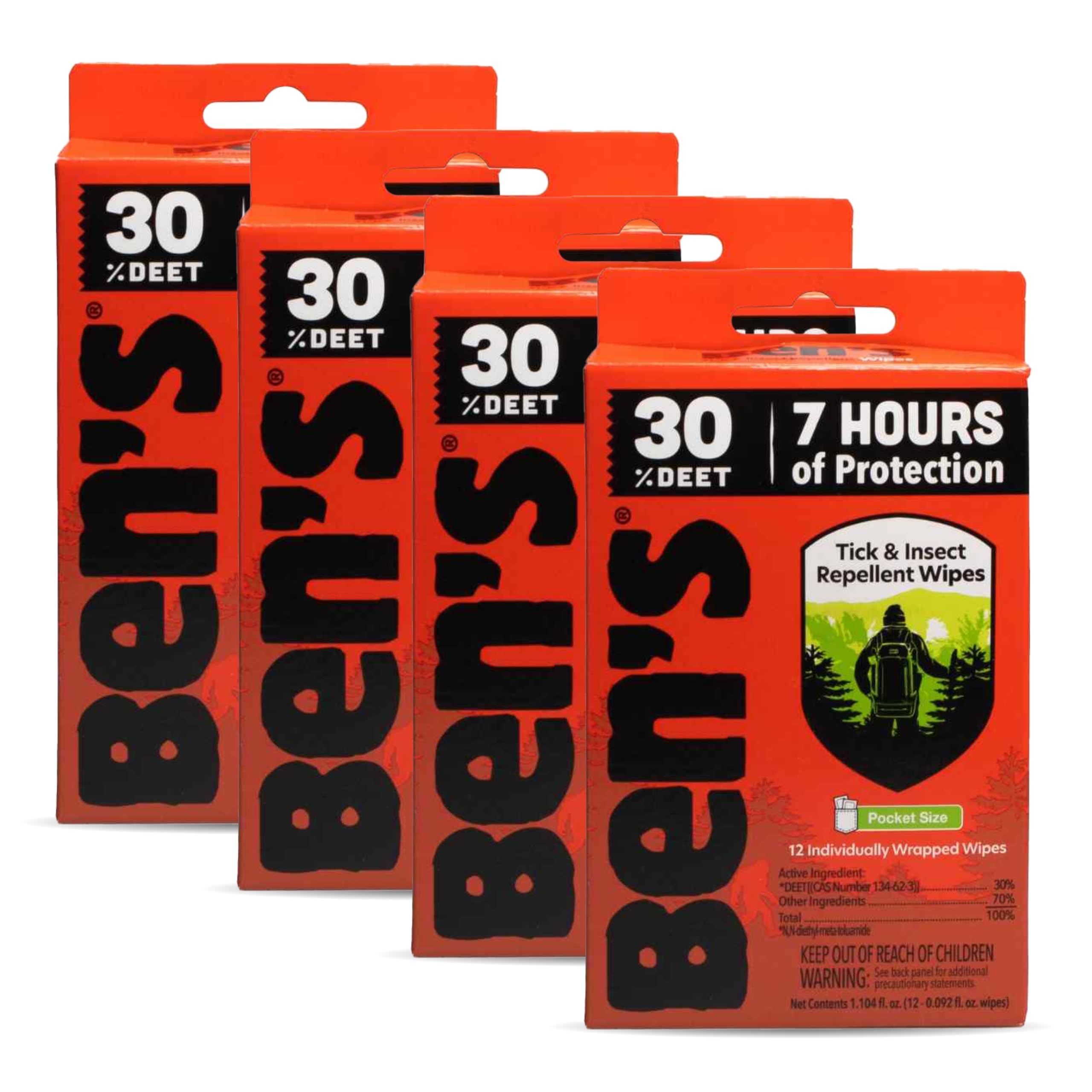 Ben's paquete frontal mostrando 4 paquetes de 12 toallitas, práctico para viajes