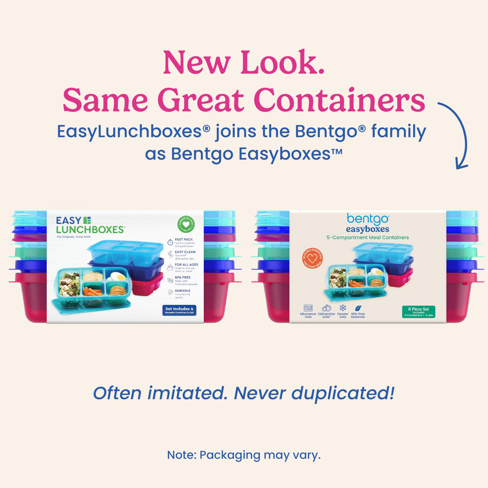Bentgo Easyboxes apiladas dentro del refrigerador para ahorro de espacio y orden