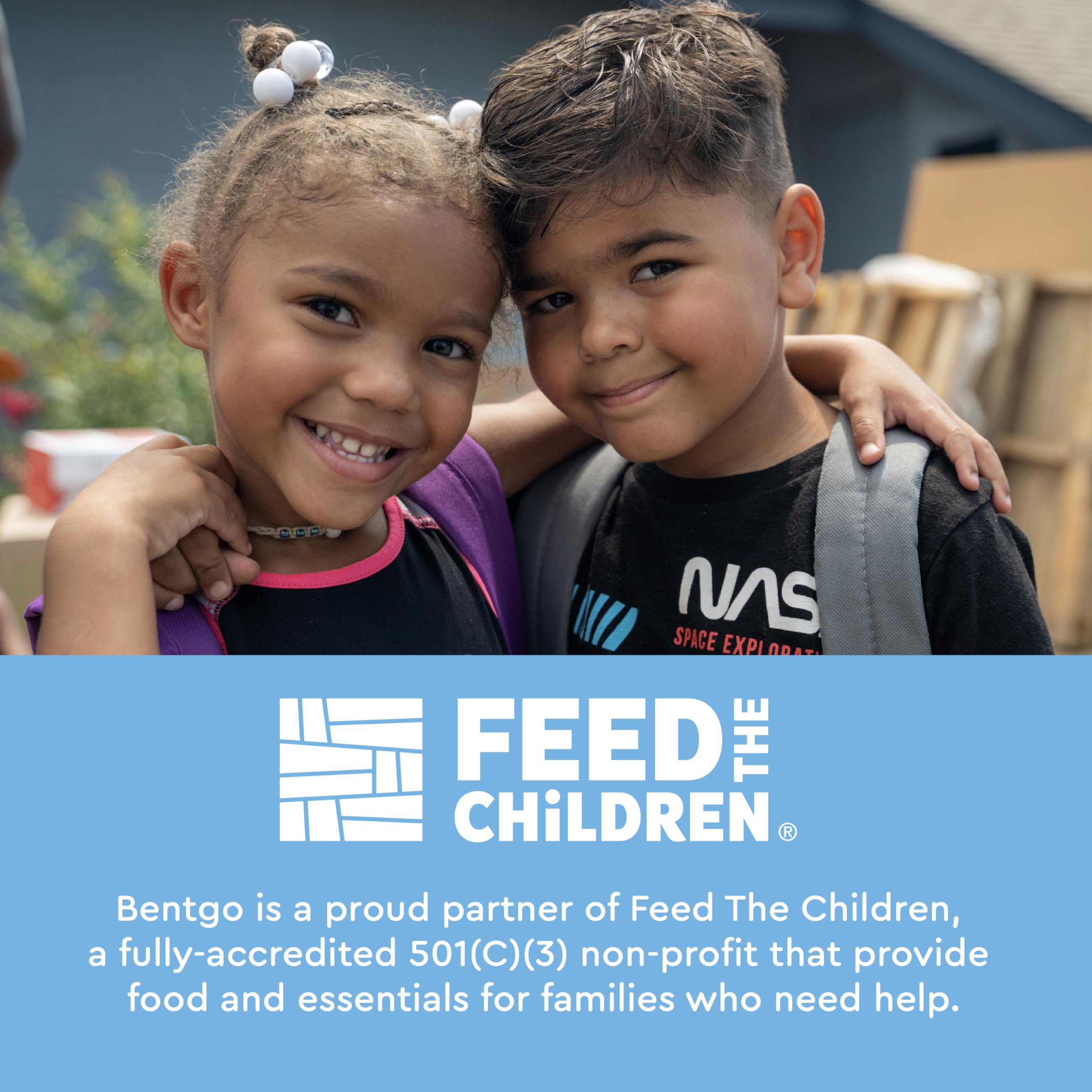 Bentgo etiqueta solidaria mostrando apoyo a Feed the Children y responsabilidad