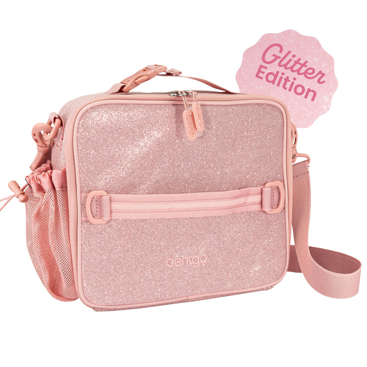 Bentgo lonchera frente glitter petal pink mostrando diseño llamativo y protección