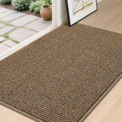 BEQHAUSE felpudo frontal empacado mostrando tamaño y color beige, entrada ordenada
