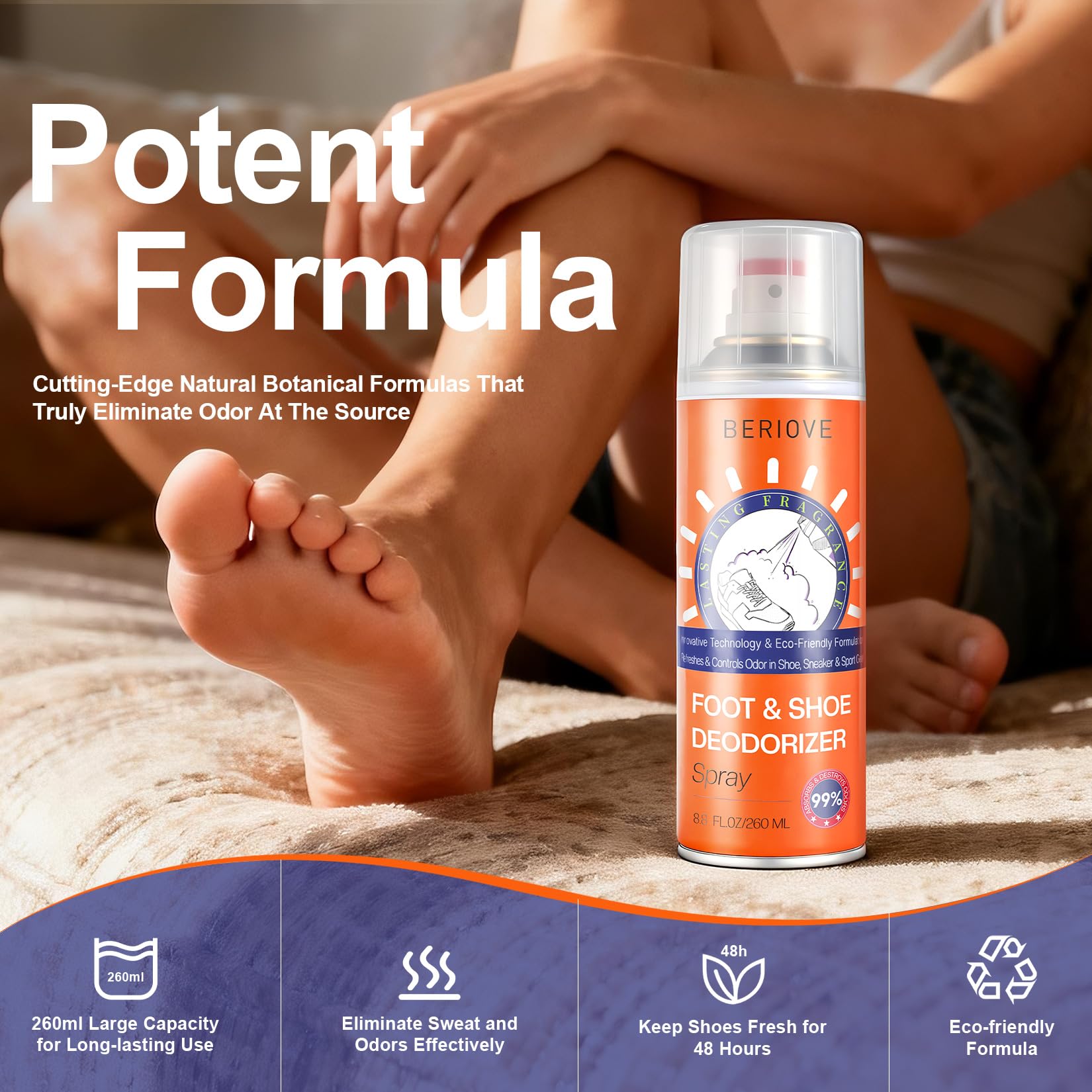 BERIOVE spray al lado de una mano para comparar tamaño y portabilidad