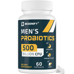 Besenify envase frontal mostrando 60 cápsulas y diseño masculino práctico