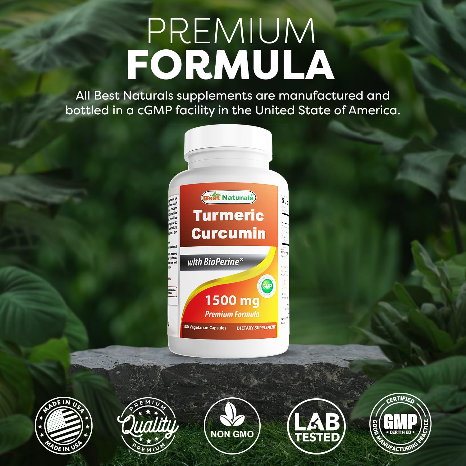 Best Naturals frasco junto a raíz de cúrcuma y granos de piperina