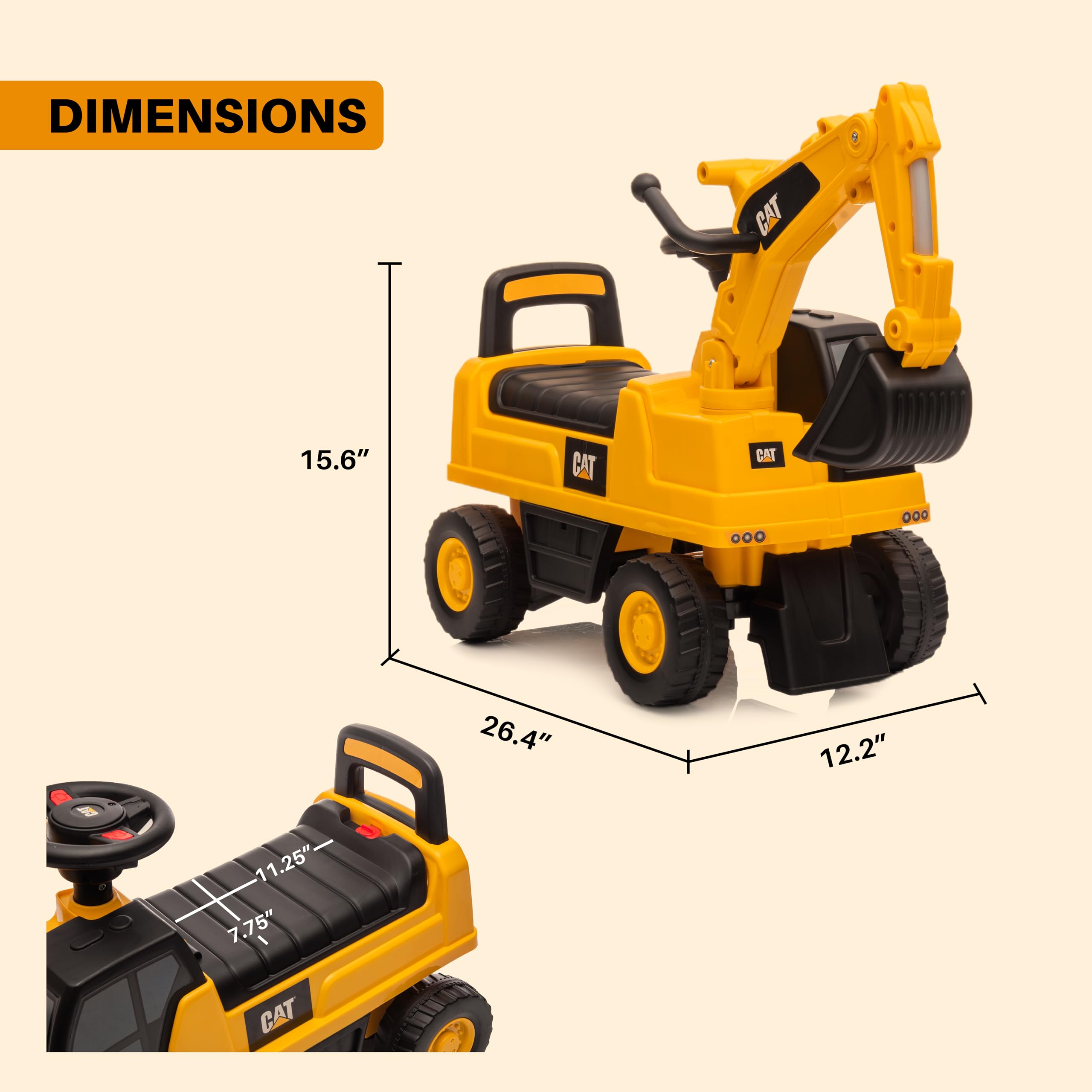 Best Ride On Cars excavadora CAT compartimento bajo asiento para guardar juguetes